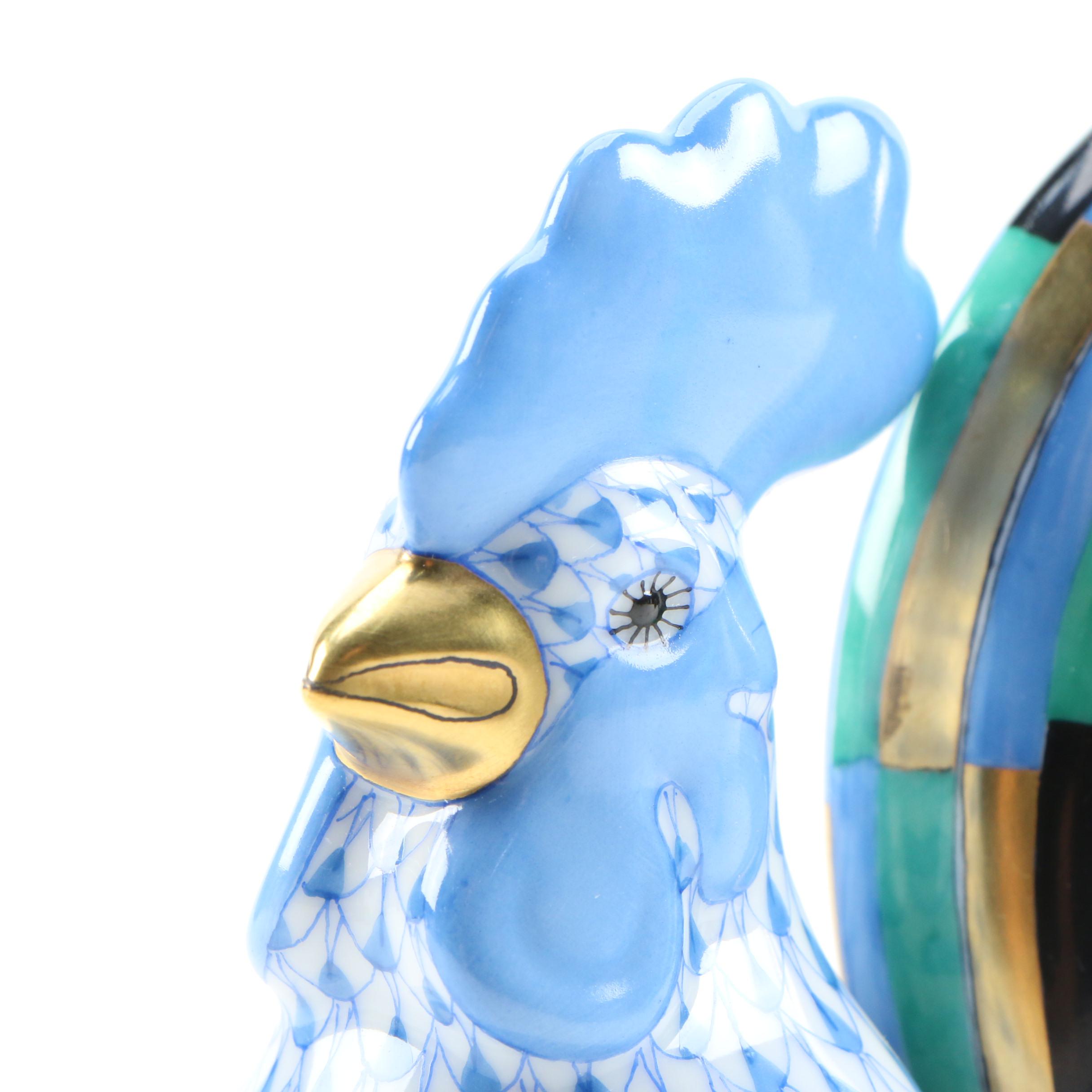 Herend Blue Fishnet with Gold "Rooster" Porcelain Figurine