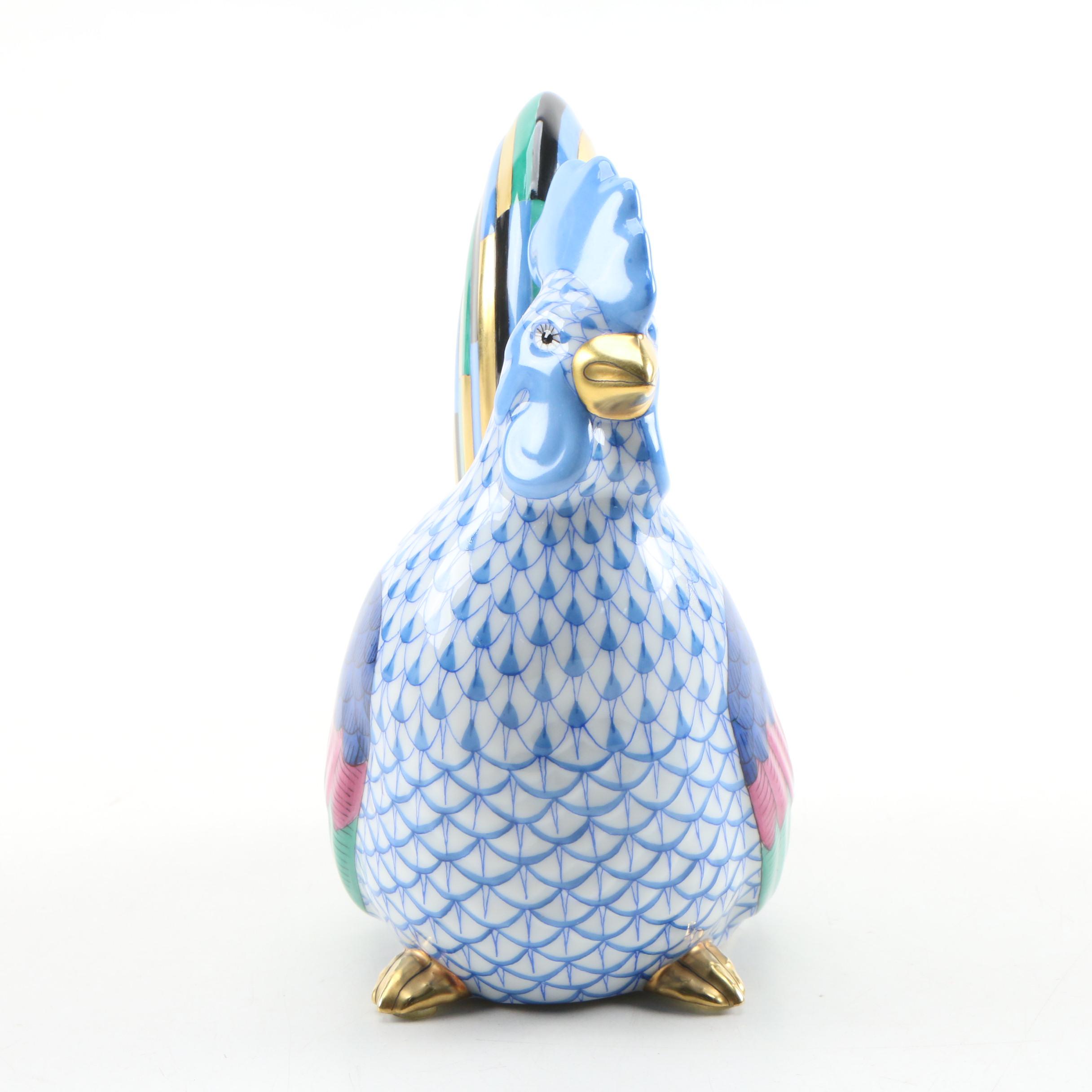 Herend Blue Fishnet with Gold "Rooster" Porcelain Figurine