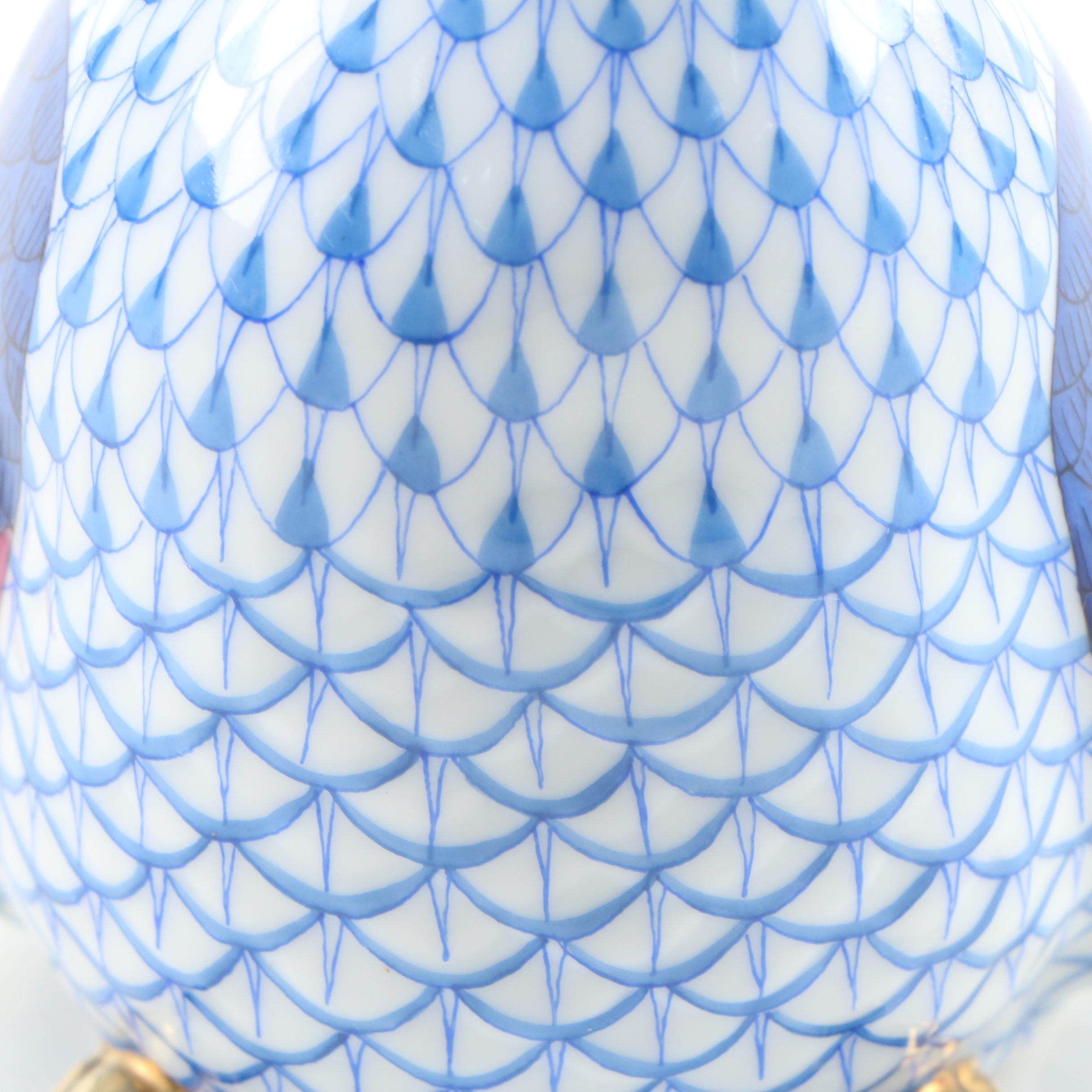 Herend Blue Fishnet with Gold "Rooster" Porcelain Figurine