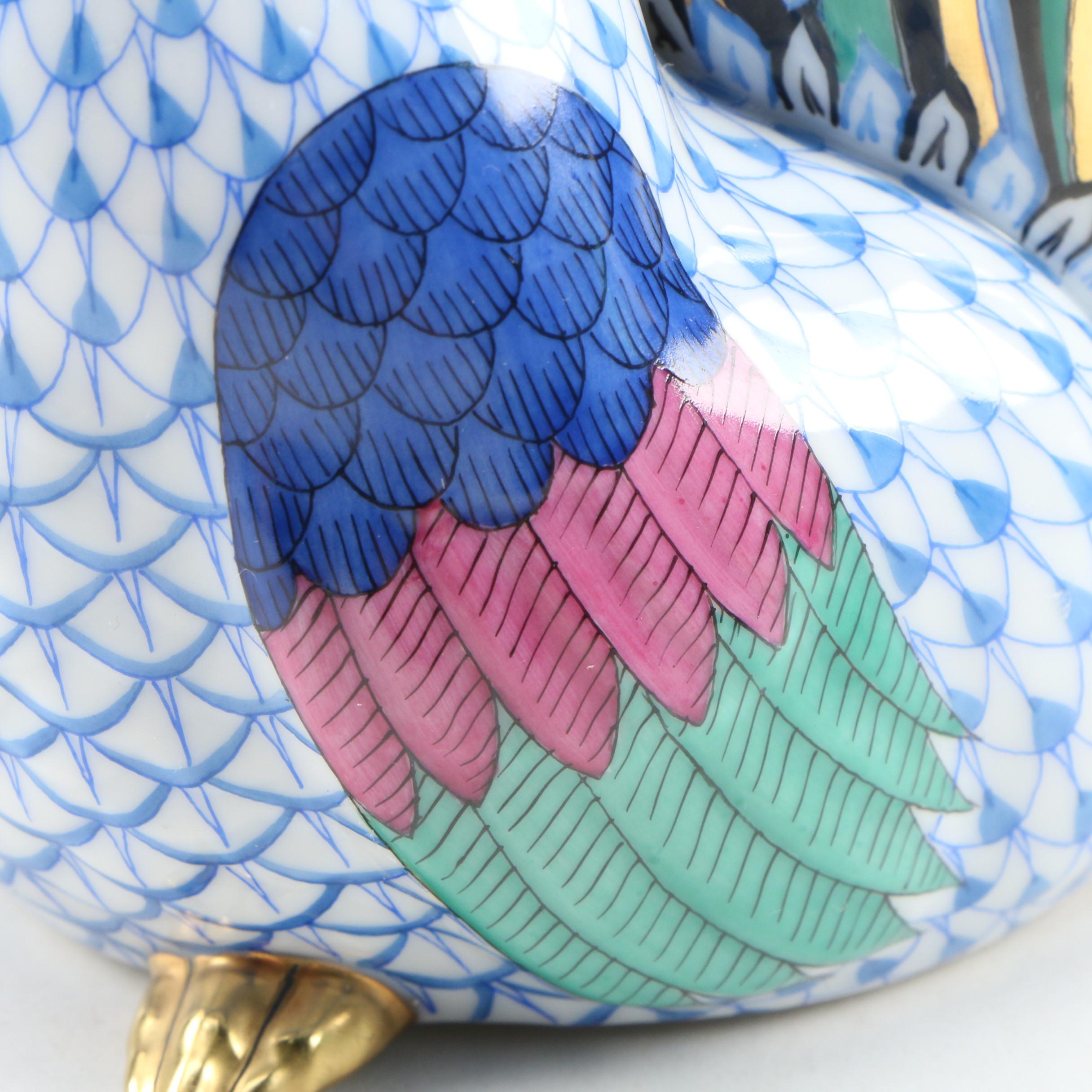 Herend Blue Fishnet with Gold "Rooster" Porcelain Figurine