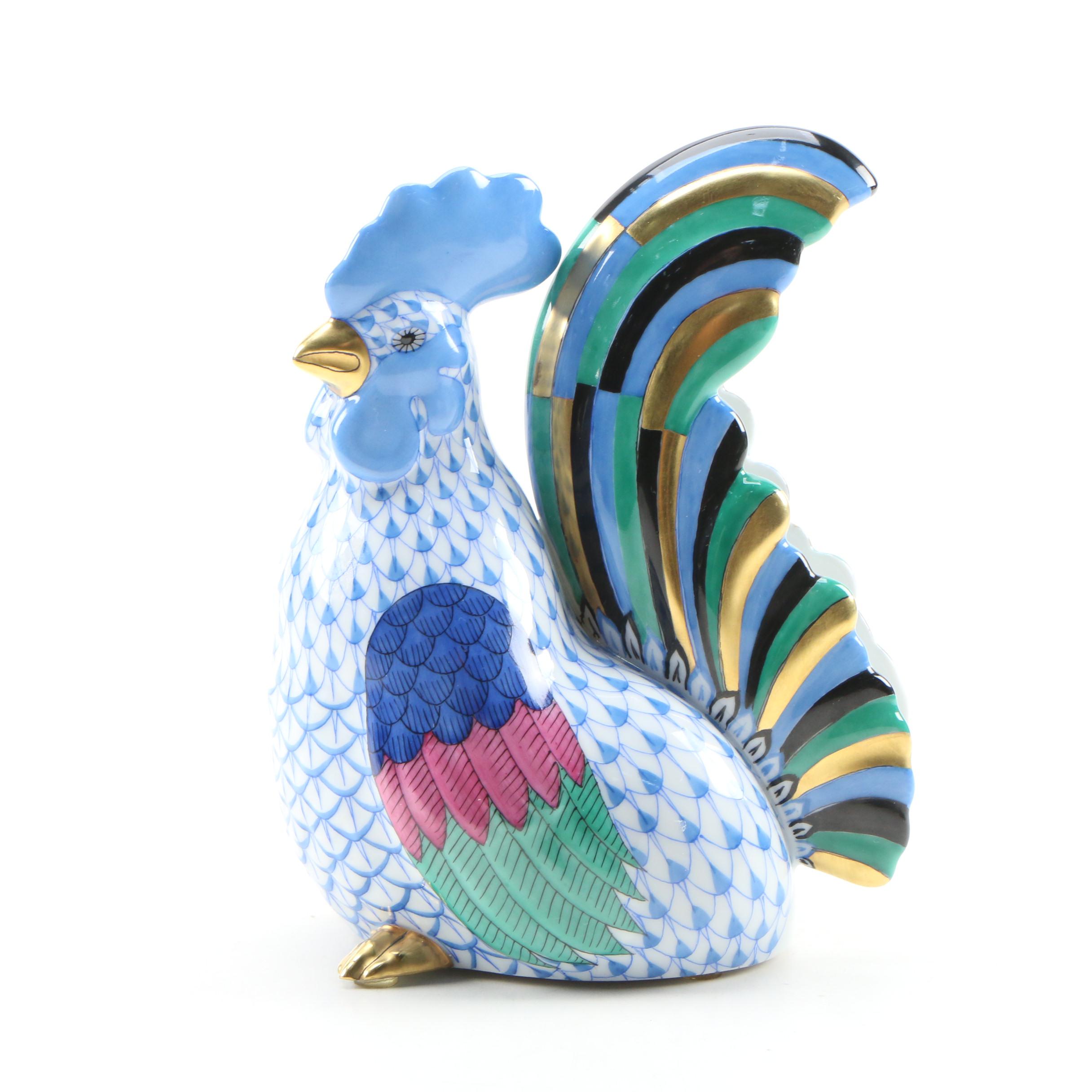 Herend Blue Fishnet with Gold "Rooster" Porcelain Figurine