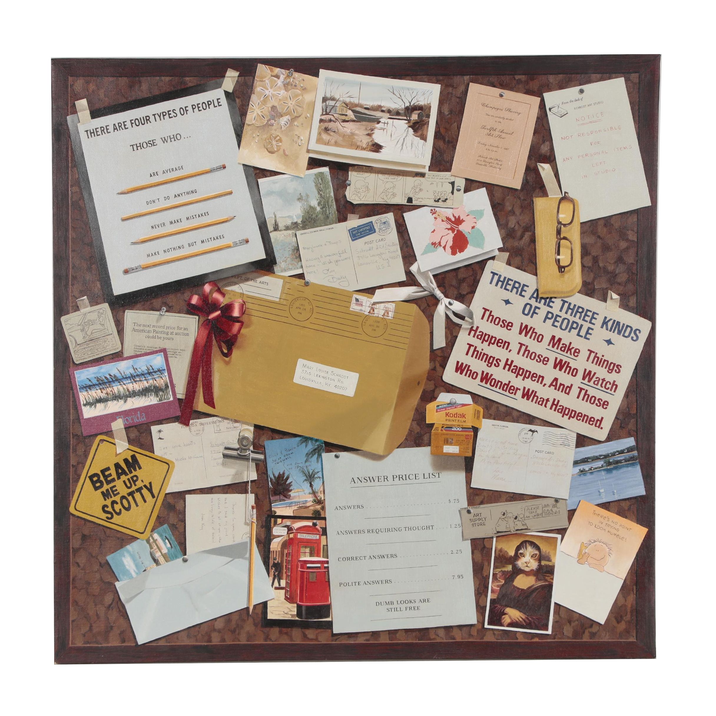 Mary Louise Schrodt Trompe-l'œil Oil Painting of a Corkboard, circa 1980