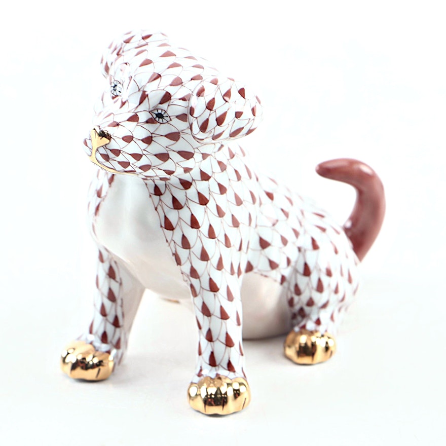 Herend Chocolate Fishnet with Gold "Puppy" Porcelain Figurine