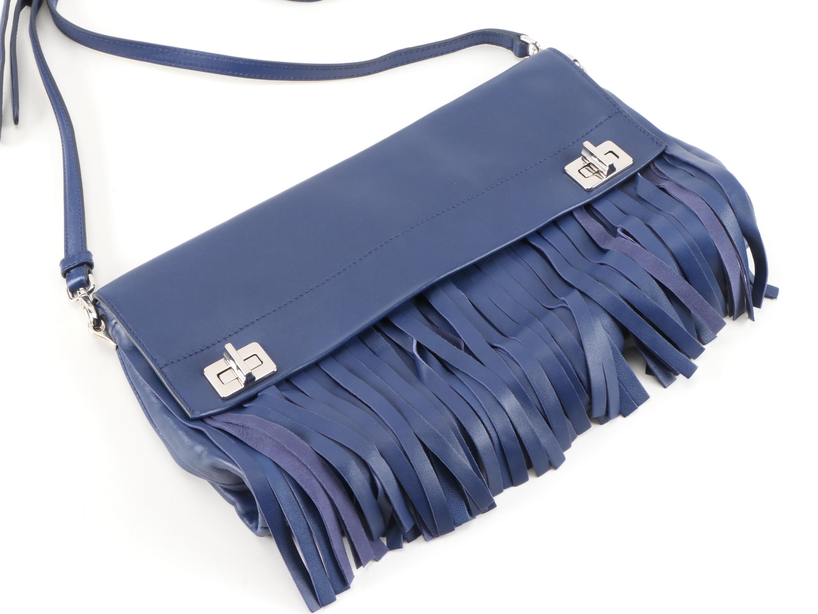 Prada Double Turnlock Fringe Flap Bag in Blue Leather