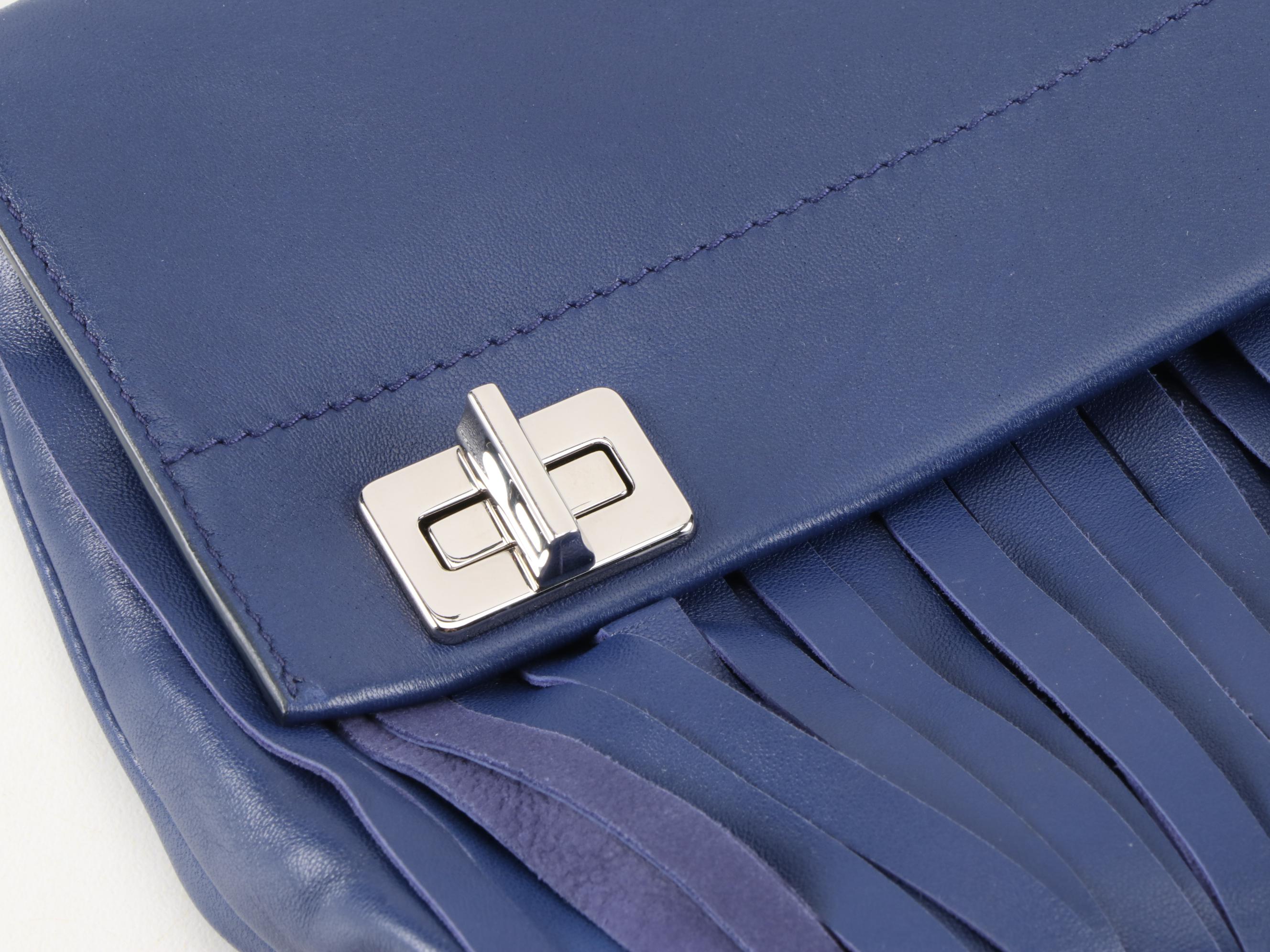 Prada Double Turnlock Fringe Flap Bag in Blue Leather