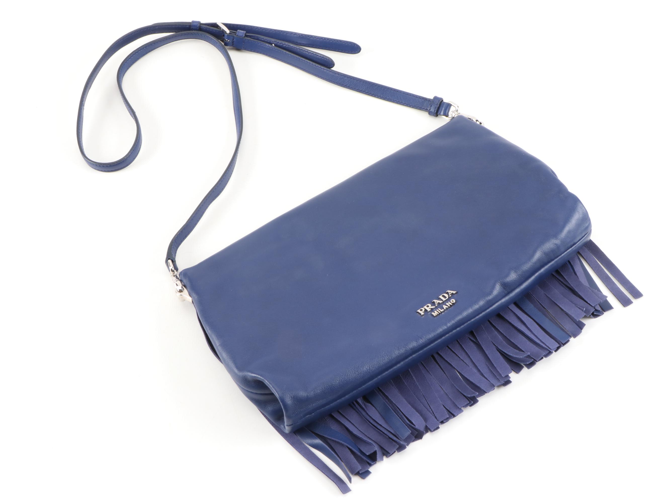 Prada Double Turnlock Fringe Flap Bag in Blue Leather