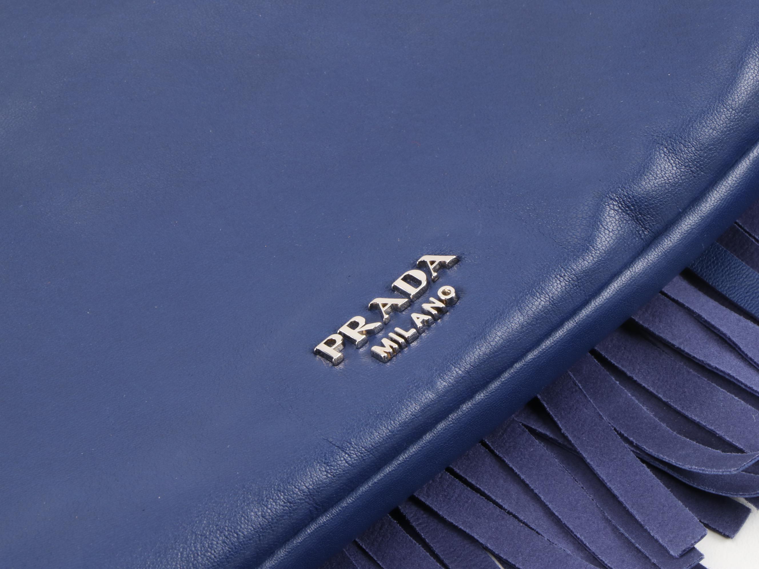 Prada Double Turnlock Fringe Flap Bag in Blue Leather