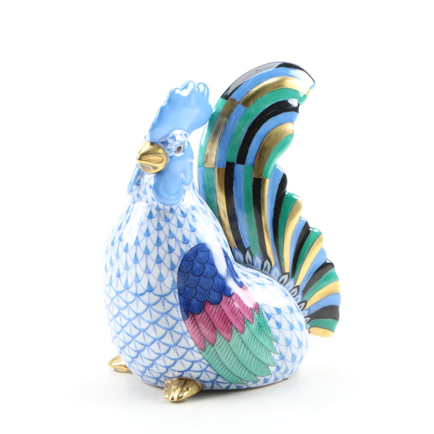 Herend Blue Fishnet with Gold "Rooster" Porcelain Figurine