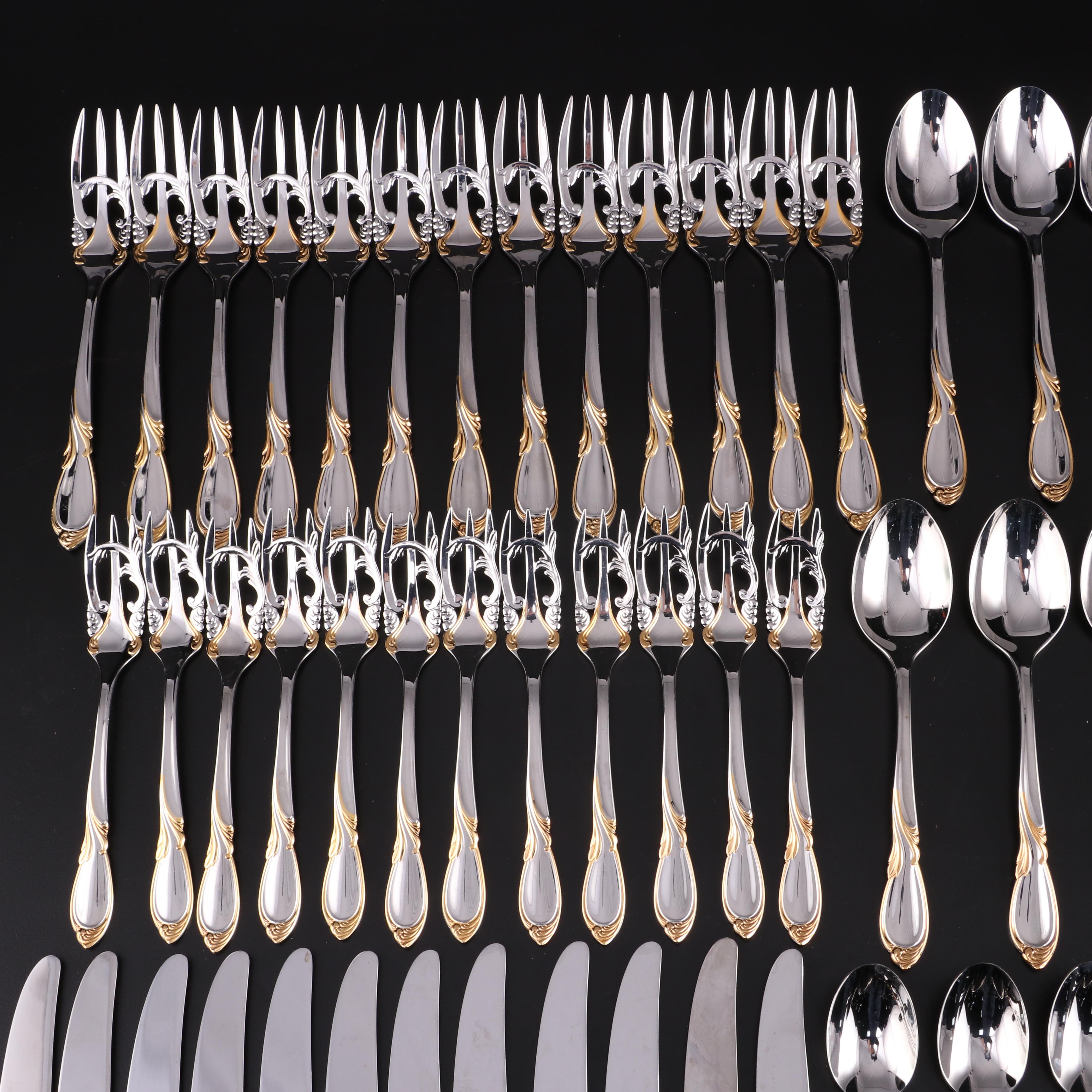 Yamazaki "Cache" Stainless and Gold Accented Flatware Set for Twelve with Chest