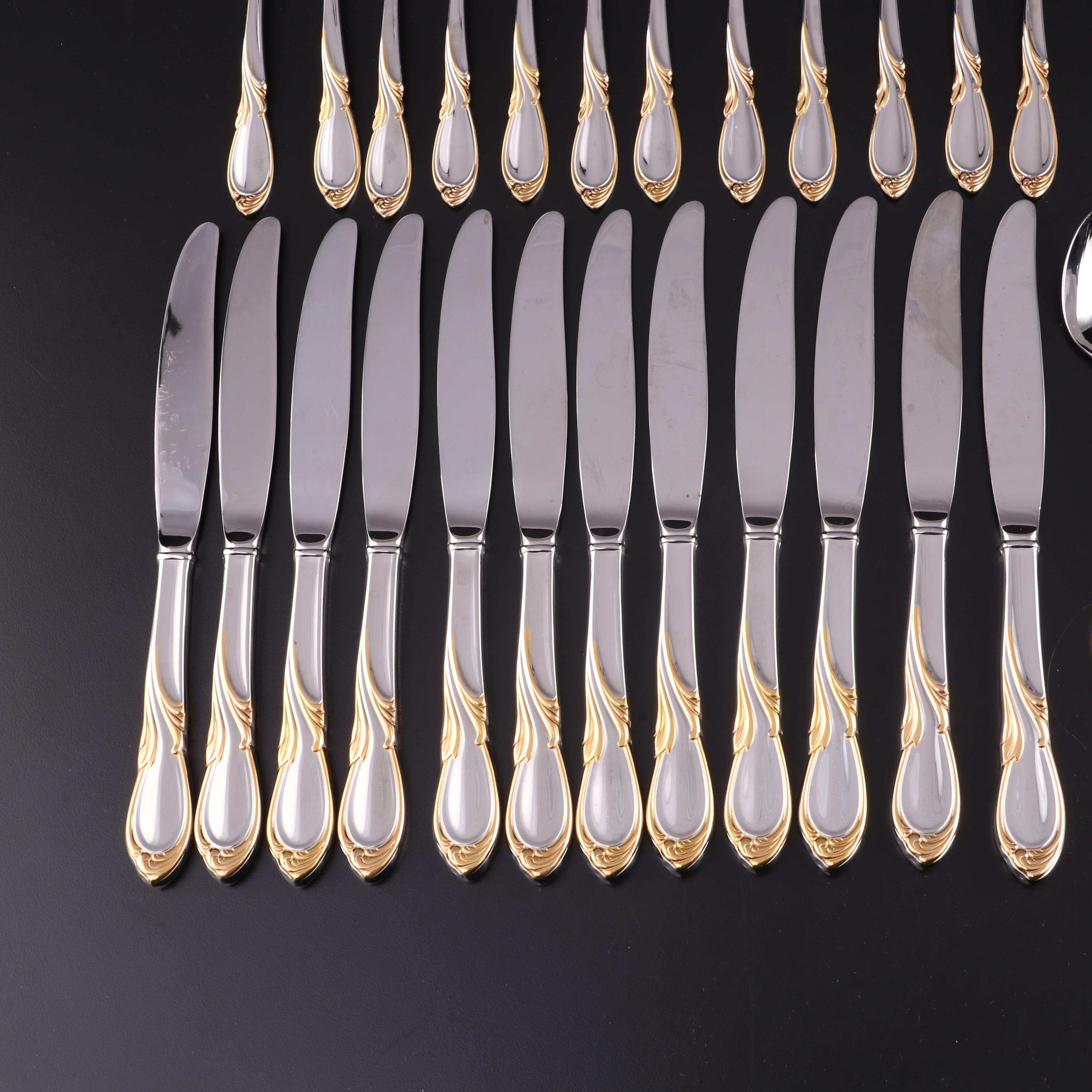 Yamazaki "Cache" Stainless and Gold Accented Flatware Set for Twelve with Chest