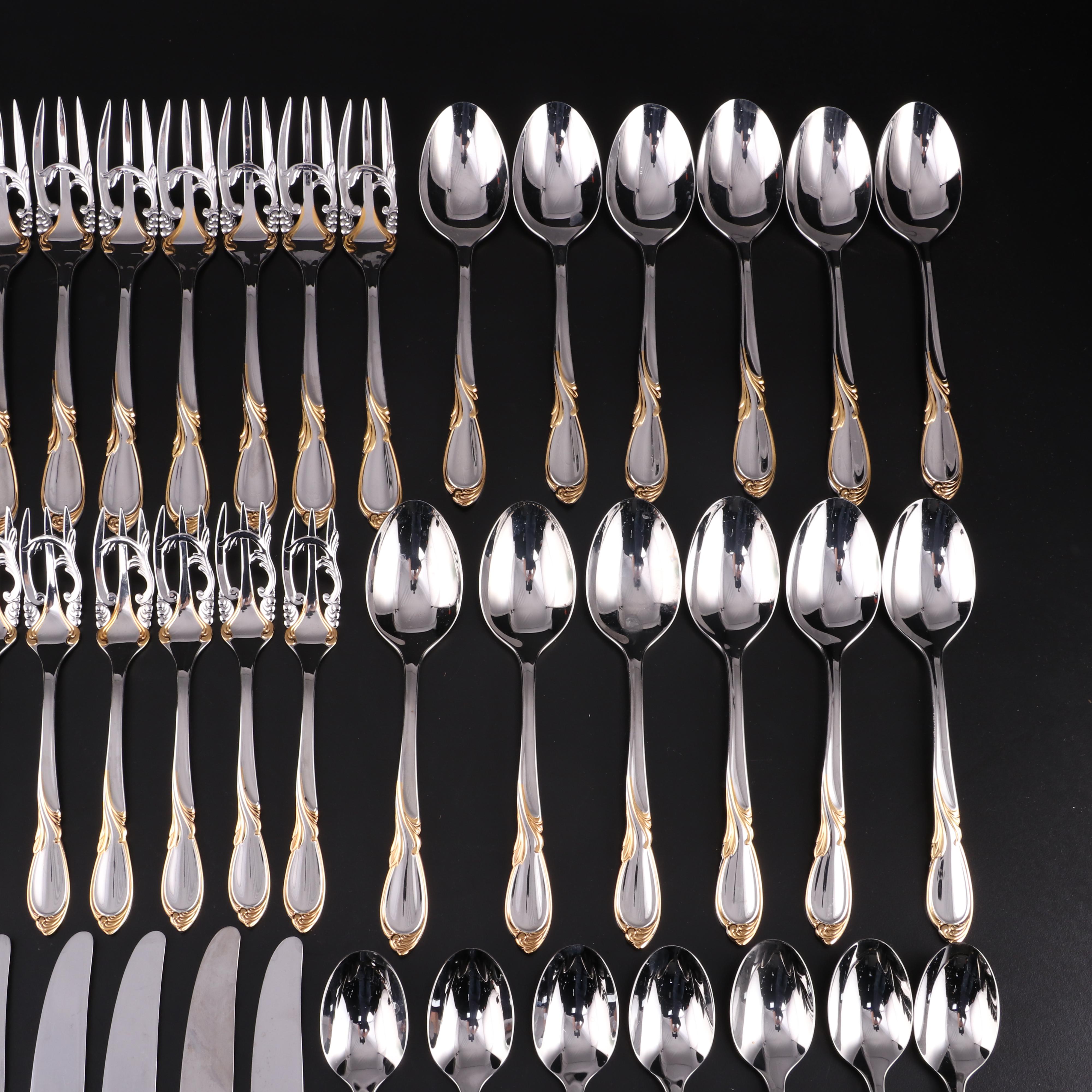 Yamazaki "Cache" Stainless and Gold Accented Flatware Set for Twelve with Chest