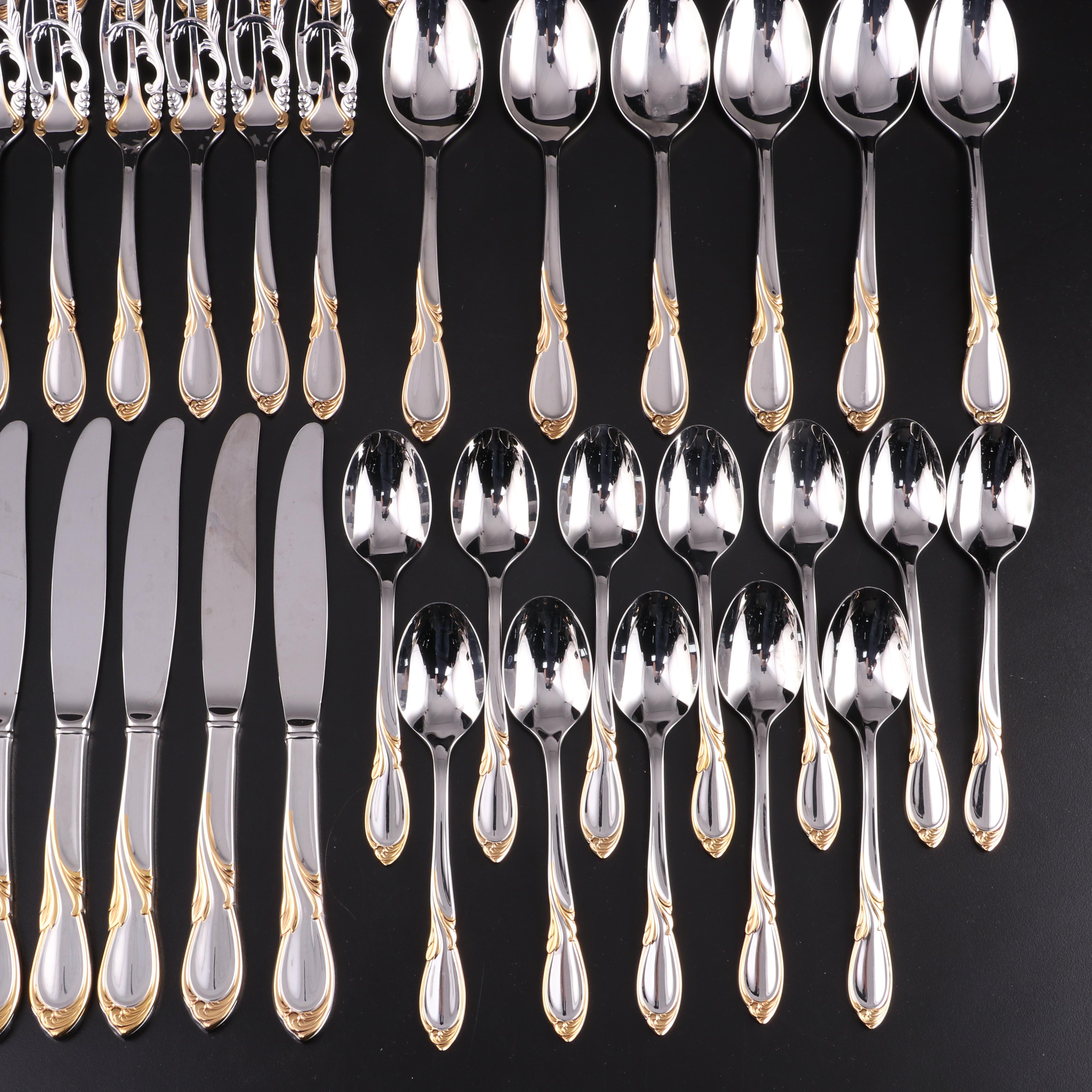 Yamazaki "Cache" Stainless and Gold Accented Flatware Set for Twelve with Chest