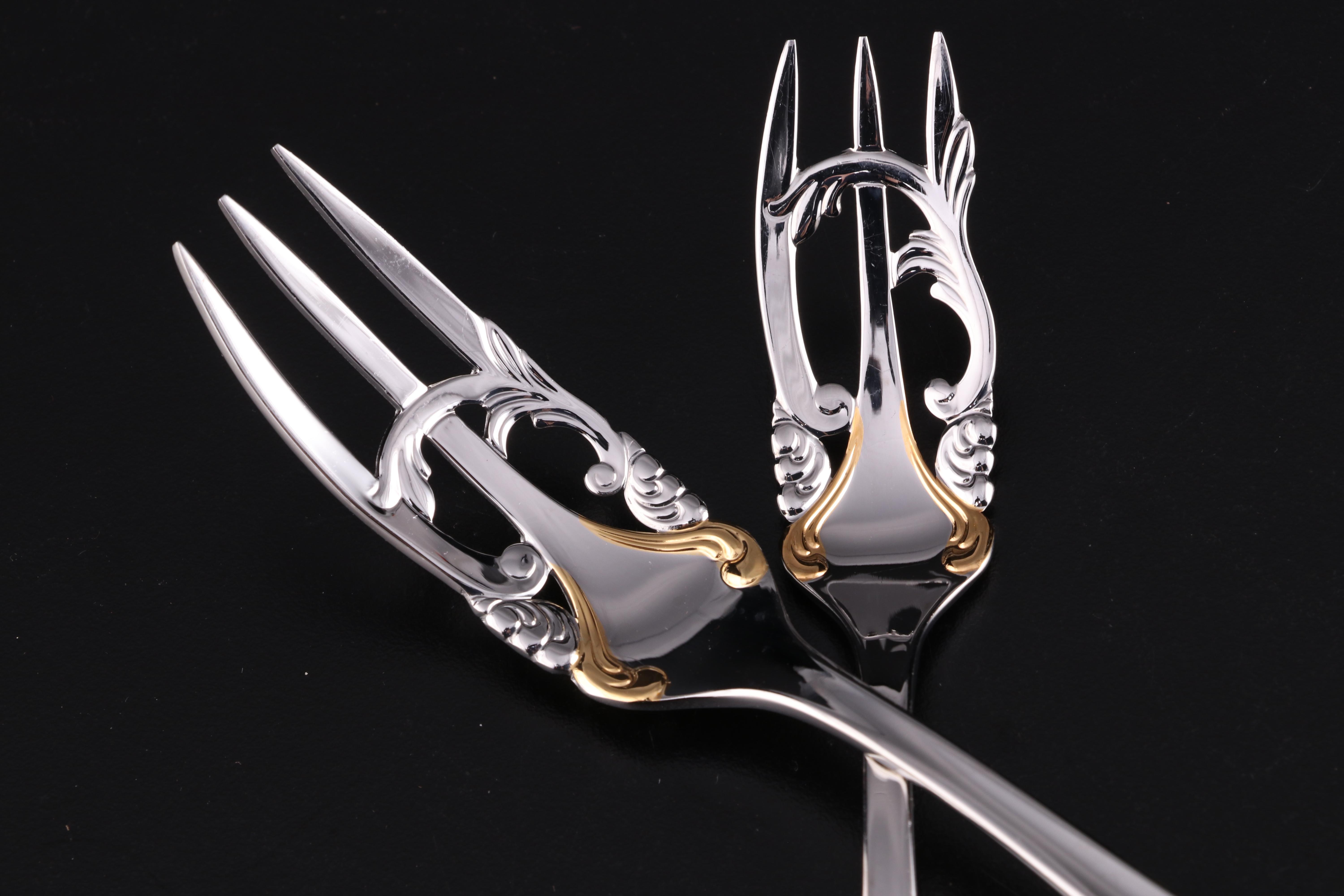 Yamazaki "Cache" Stainless and Gold Accented Flatware Set for Twelve with Chest