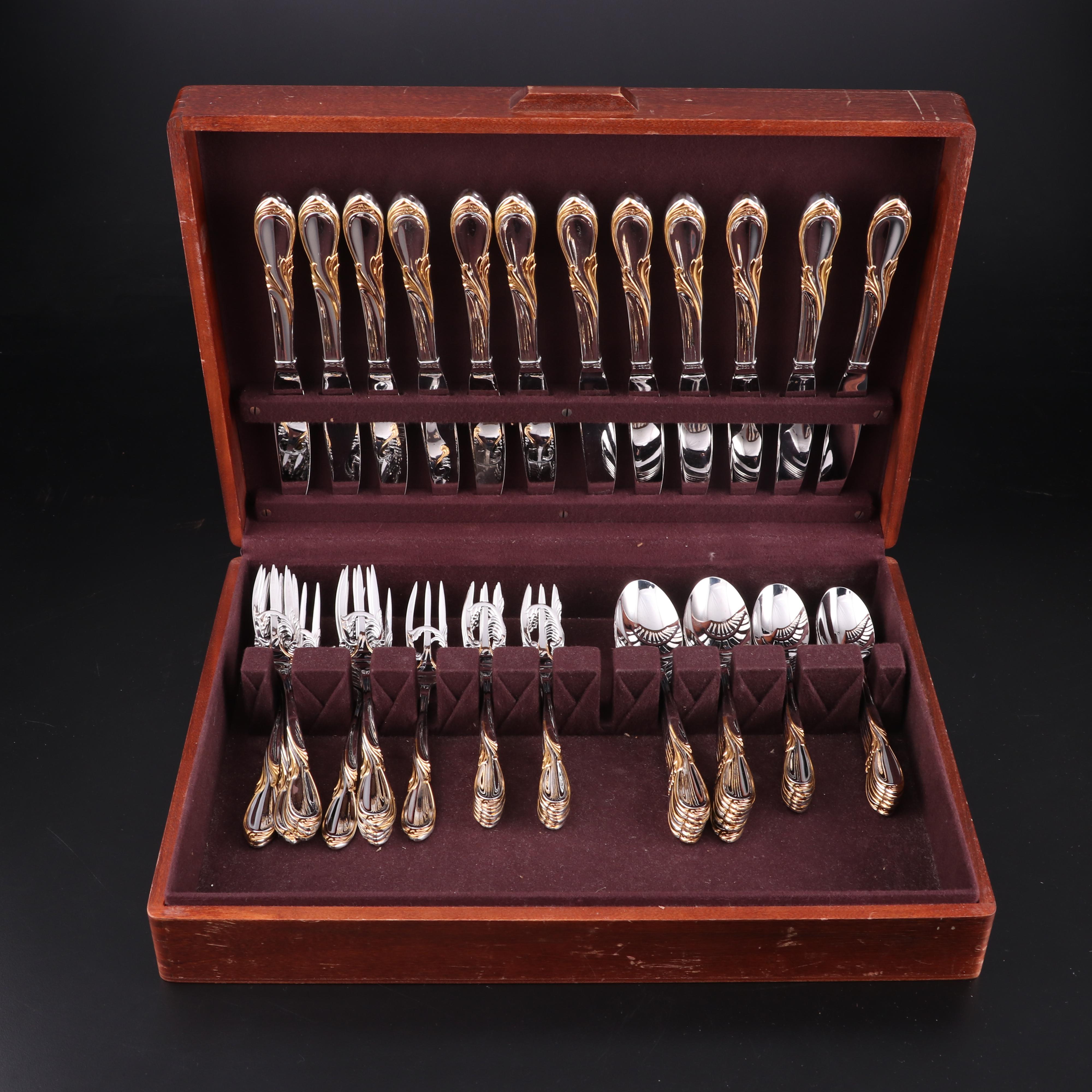 Yamazaki "Cache" Stainless and Gold Accented Flatware Set for Twelve with Chest