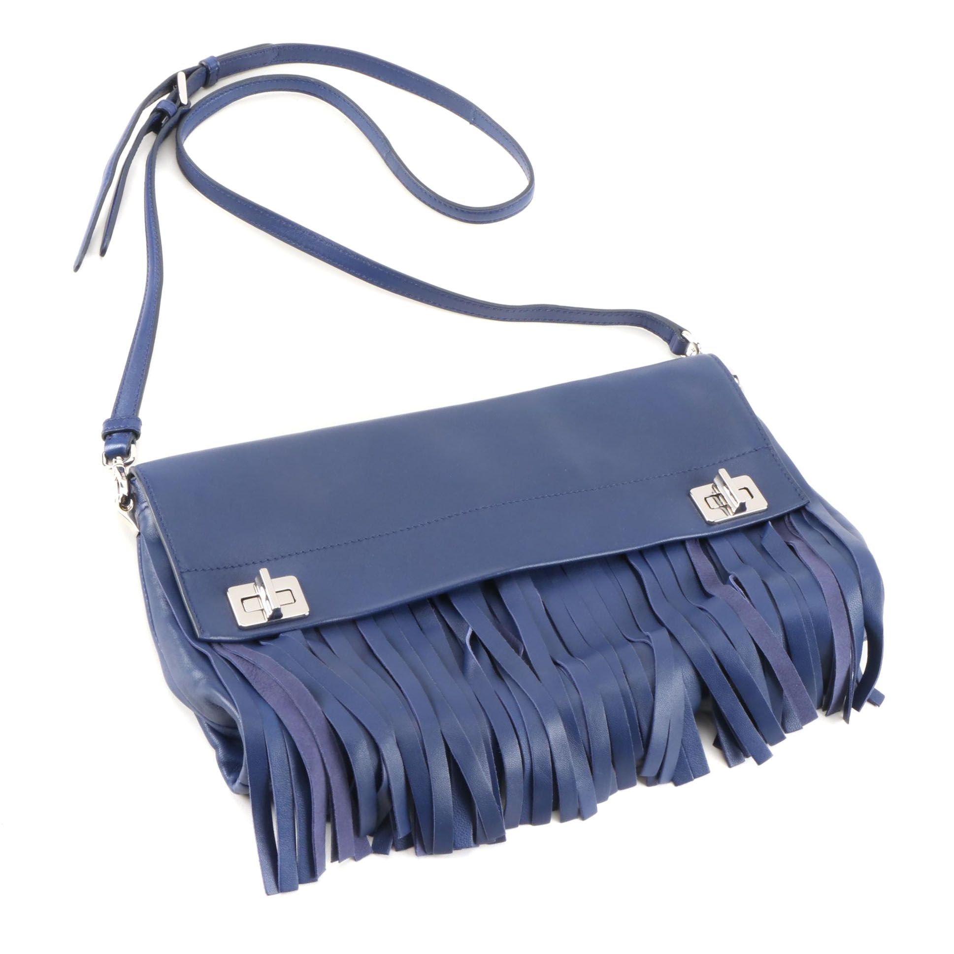 Prada Double Turnlock Fringe Flap Bag in Blue Leather