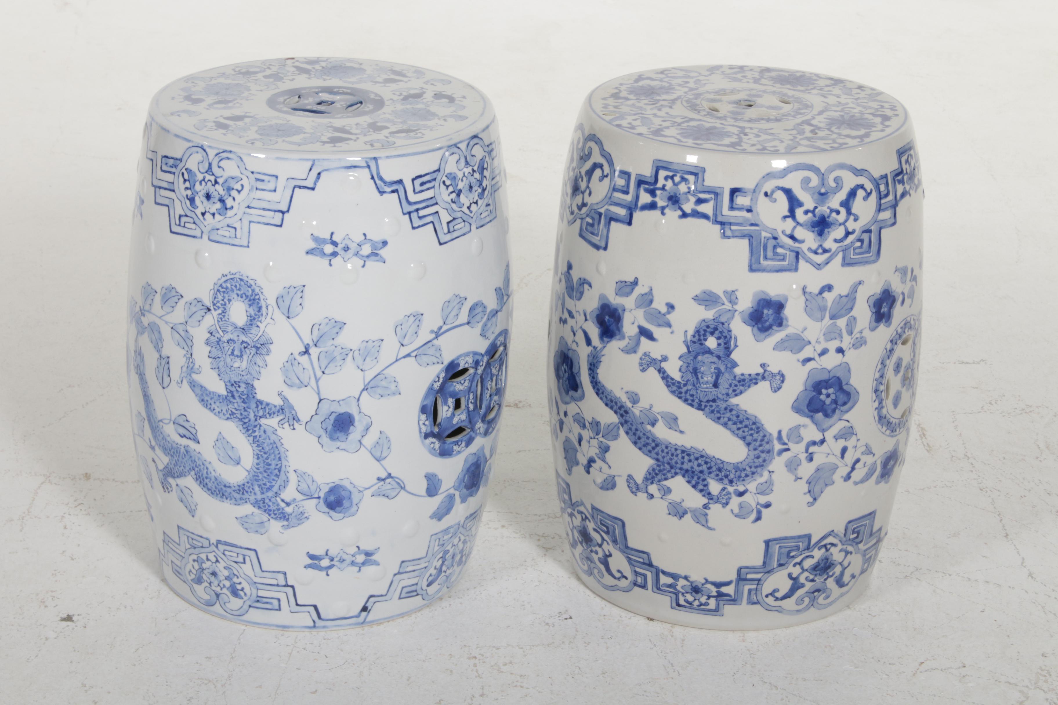Chinese Blue and White Phoenix Motif Ceramic Garden Seats