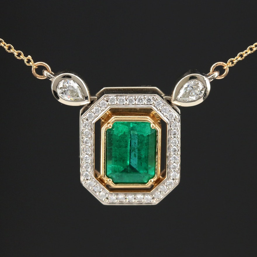 14K and 18K Gold 1.95 CT Emerald and Diamond Pendant Necklace