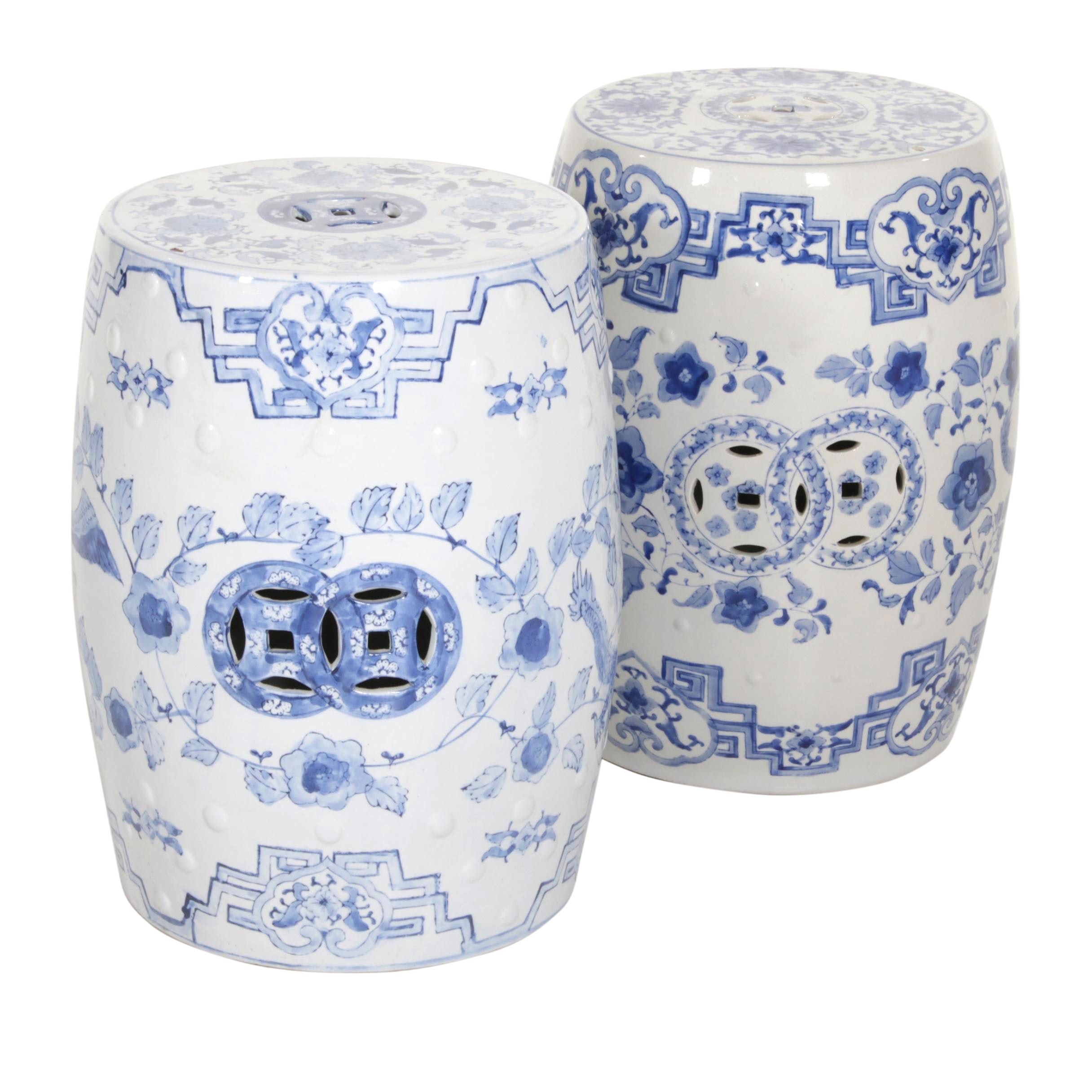 Chinese Blue and White Phoenix Motif Ceramic Garden Seats