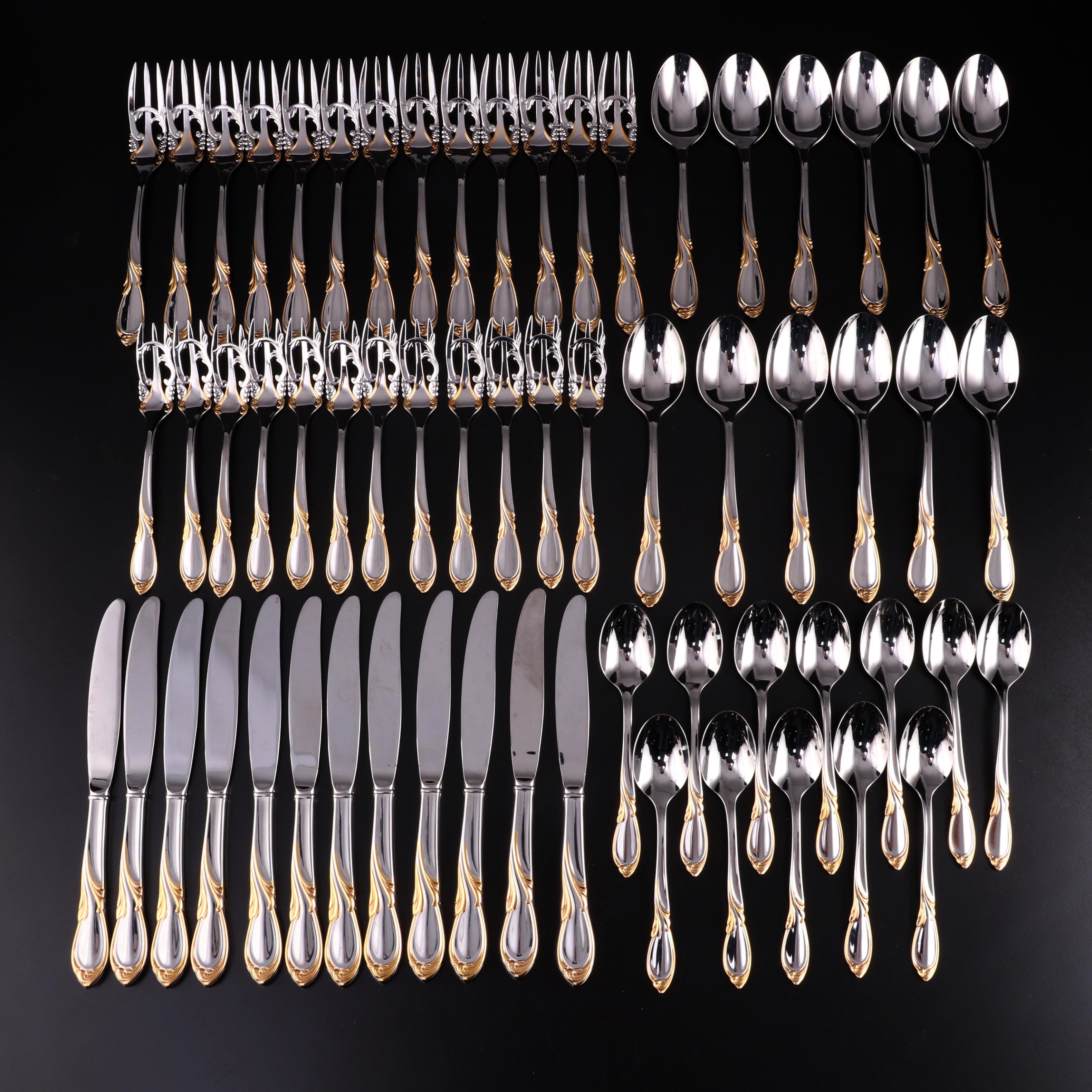 Yamazaki "Cache" Stainless and Gold Accented Flatware Set for Twelve with Chest