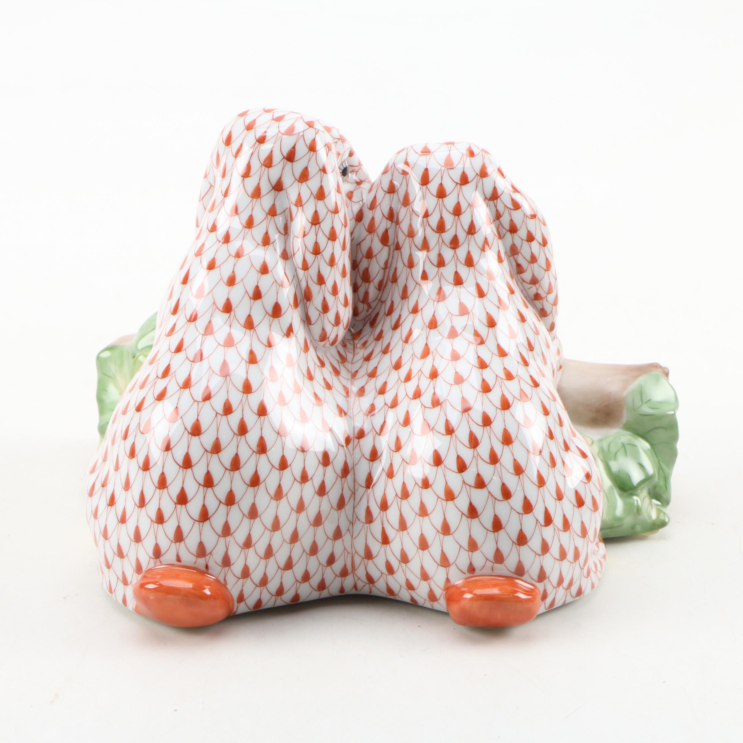 Herend Rust Fishnet with Gold "Bunny Love" Porcelain Figurine