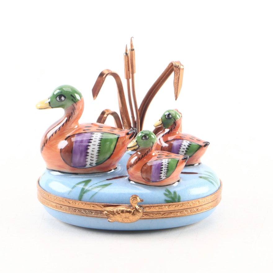 Hand-Painted Mallard and Ducklings Porcelain Limoges Box