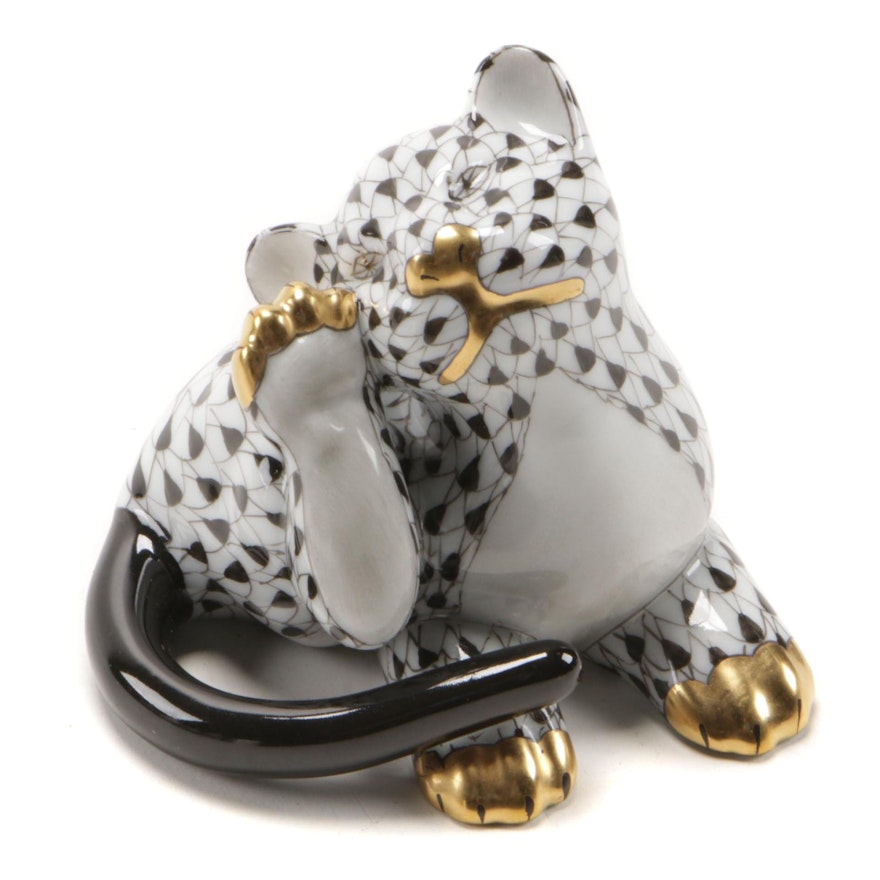 Herend Black Fishnet with Gold "Tiger Cub" Porcelain Figurine