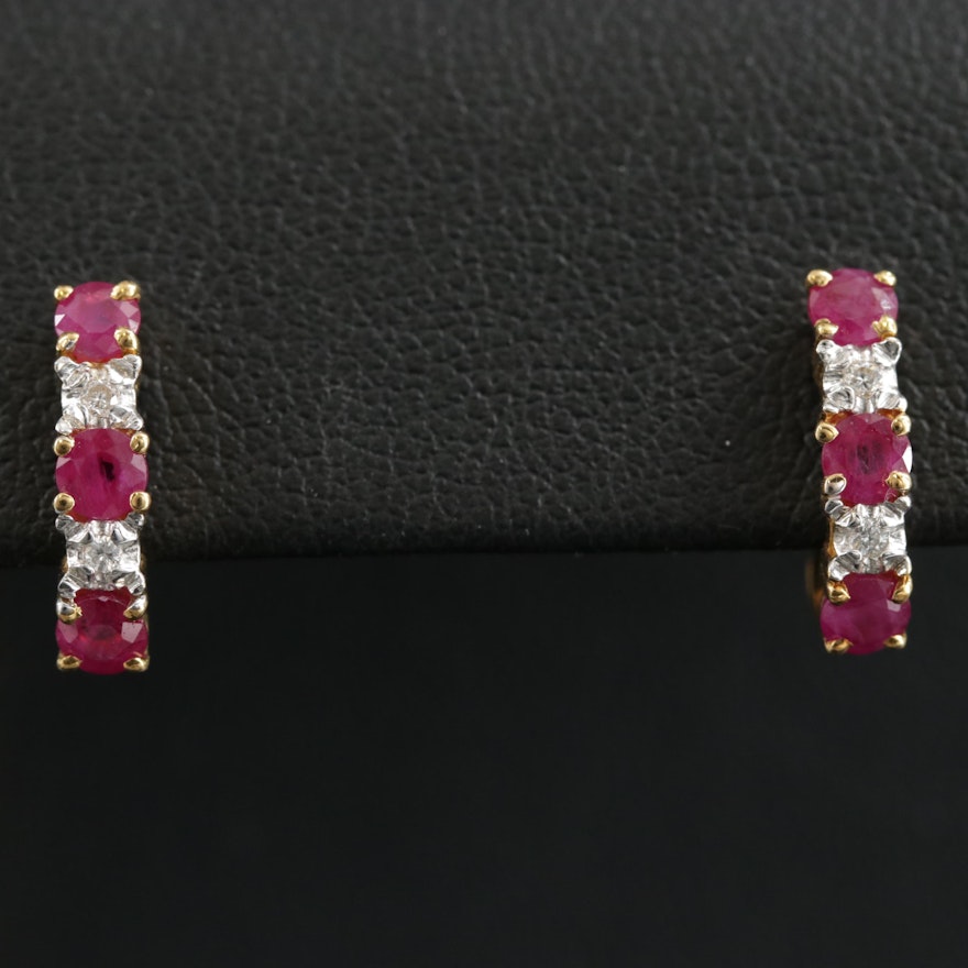 18K Gold Ruby and Diamond J-Hoop Earrings