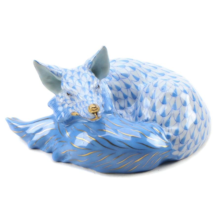 Herend Blue Fishnet with Gold "Lying Fox" Porcelain Figurine