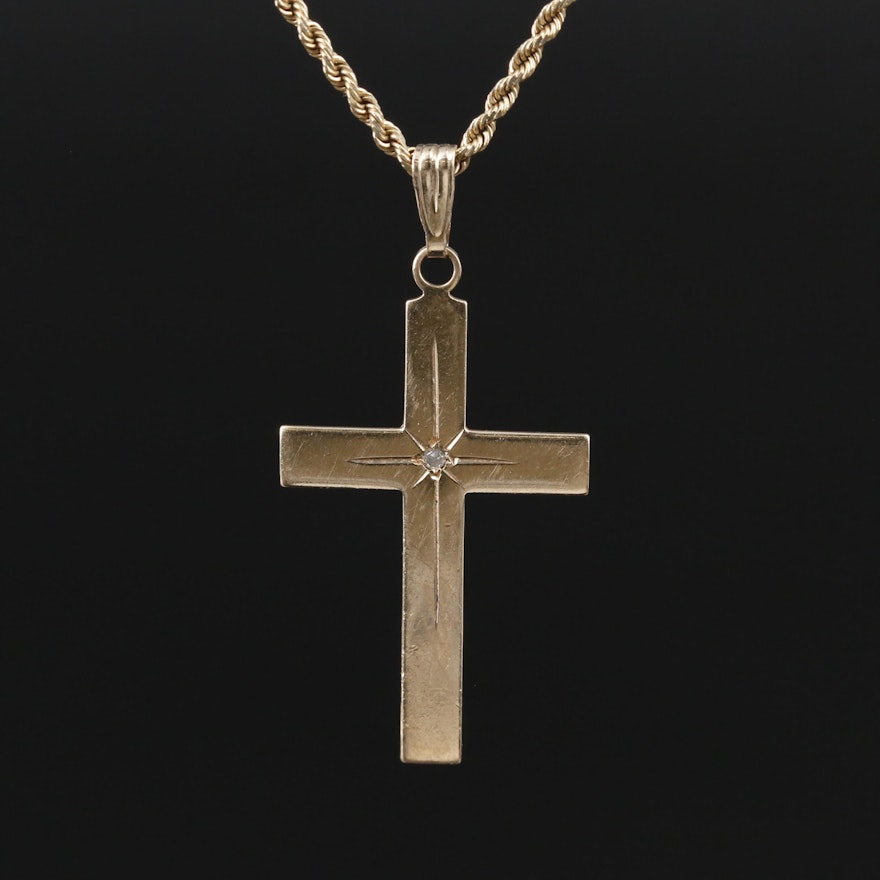 14K Yellow Gold Diamond Cross Pendant on 10K Rope Chain Necklace