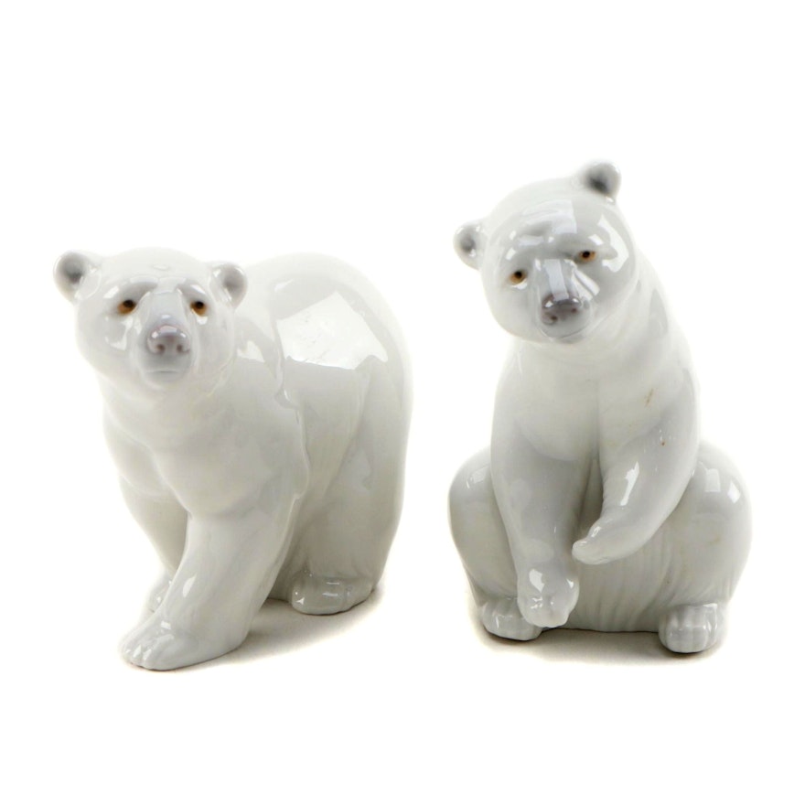 Lladró "Attentive Polar Bear" and "Resting Polar Bear" Porcelain Figurines