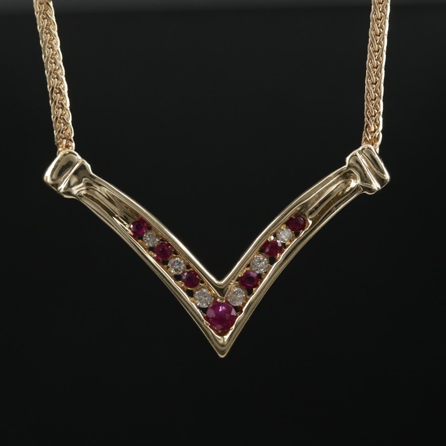 14K Yellow Gold Ruby and Diamond Chevron Necklace
