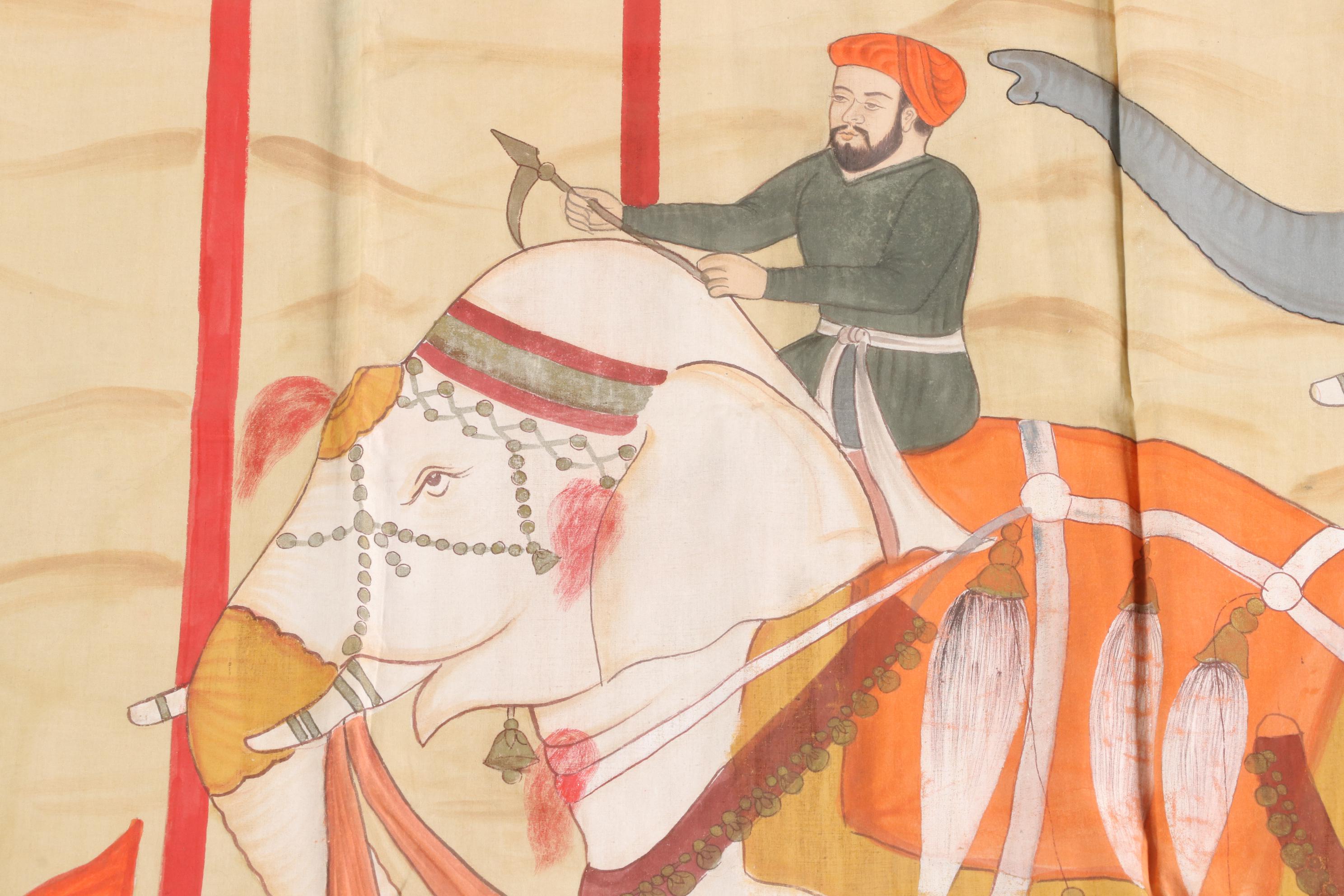 Monumental Indian Gouache Painting after Mughal Miniature "The White Elephant"