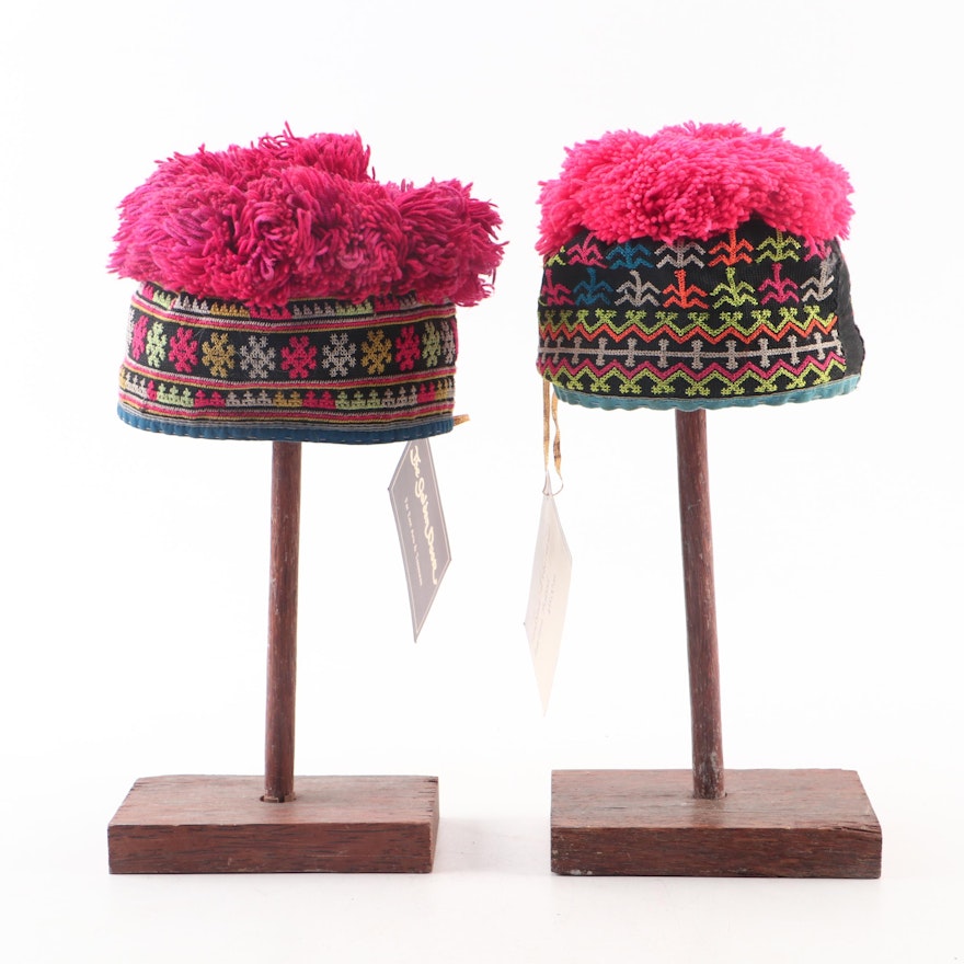 Child's Handcrafted Thai Embroidered Hill Tribe Pom-Pom Hats with Wood Stands