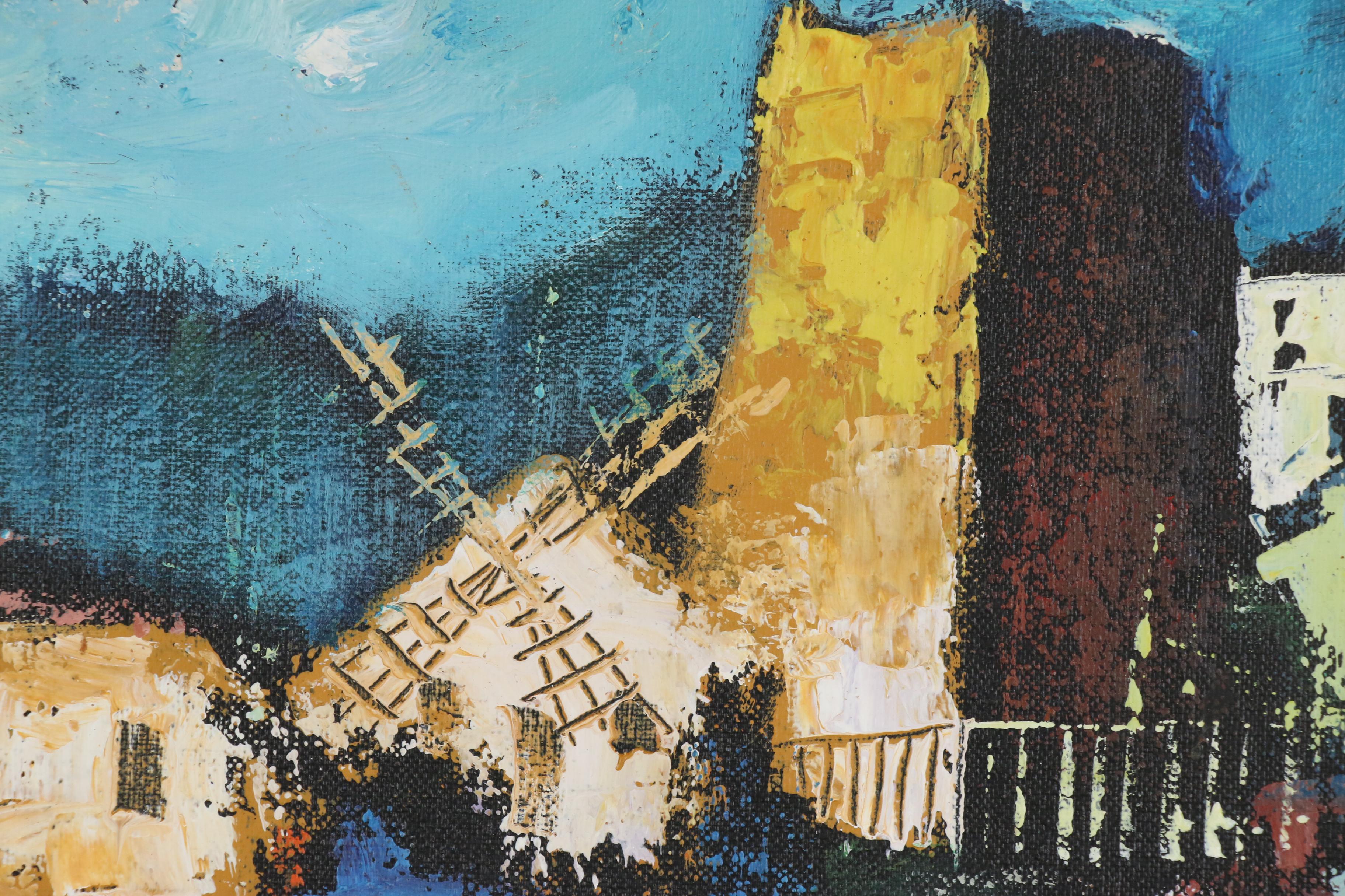Martin Ocaña Abstract Cityscape Oil Painting, 1972