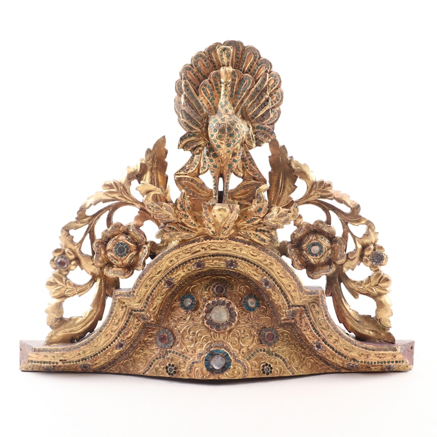 Burmese Carved Giltwood with Glass Inlay Peacock Arch Element
