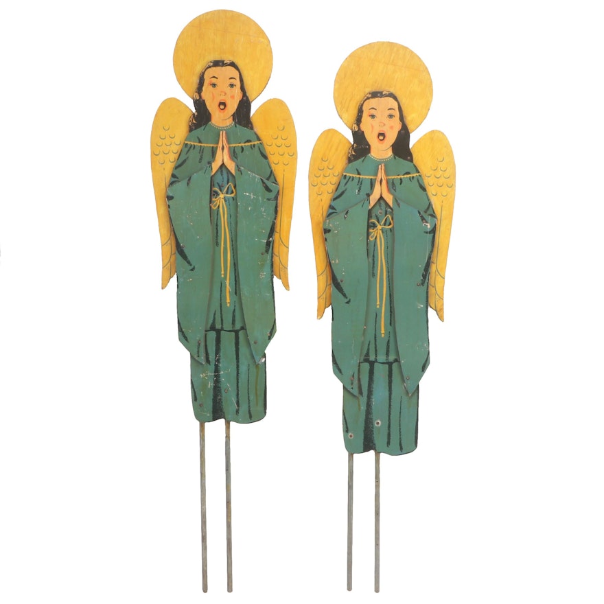 Hand-Painted Outdoor Praying Angel Christmas Décor Wood Displays, 1950s