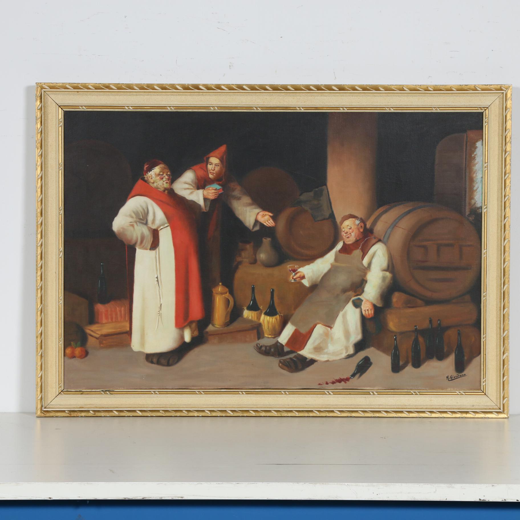 M. Giordano Monastery Wine Cellar Oil Painting, Mid to Late 20th Century