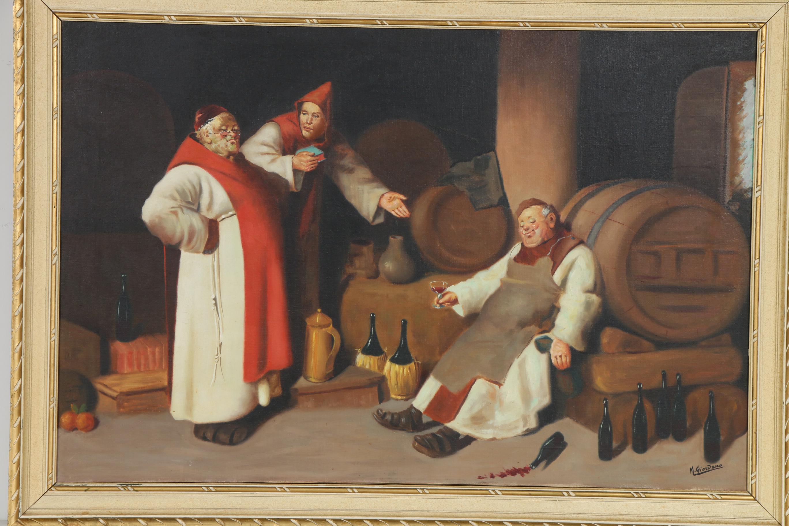 M. Giordano Monastery Wine Cellar Oil Painting, Mid to Late 20th Century