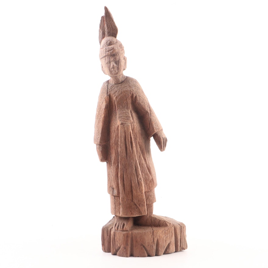 Burmese Carved Teak Standing Primitive Figure, 19th Century