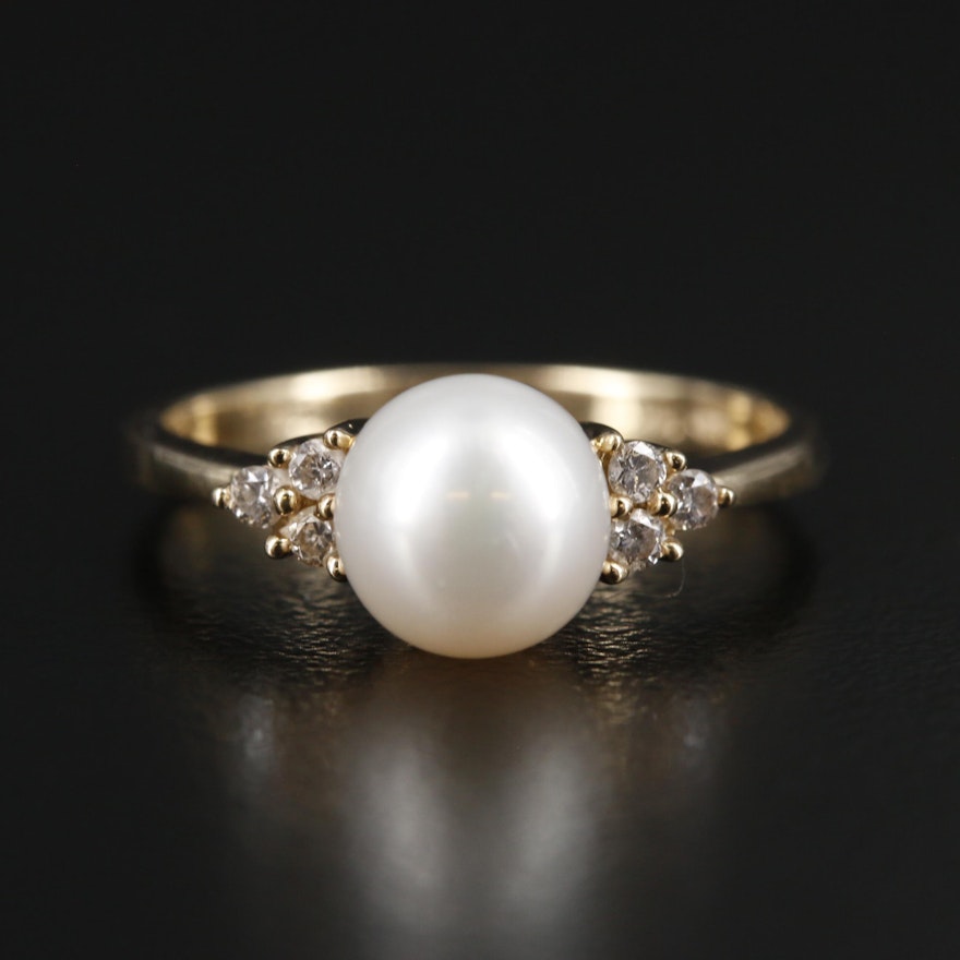 14K Gold Pearl and Diamond Ring