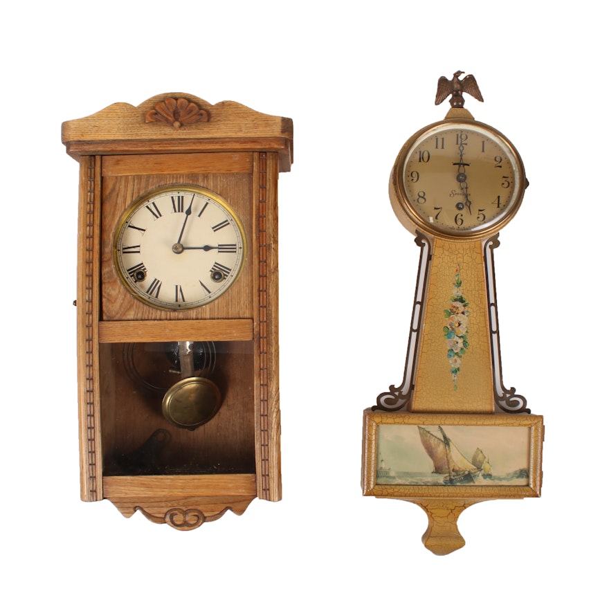 Sessions and Antique Schoolhouse Reproduction Wall Clocks, Mid to Late 20th C.