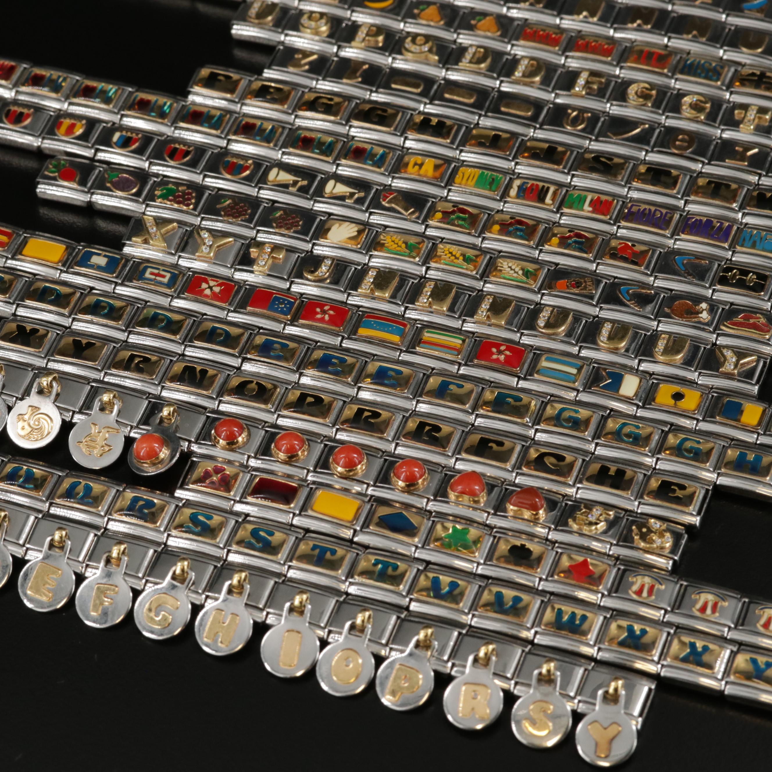 Assortment of Nomination Link Bracelets and Parts Featuring Gemstone Accents