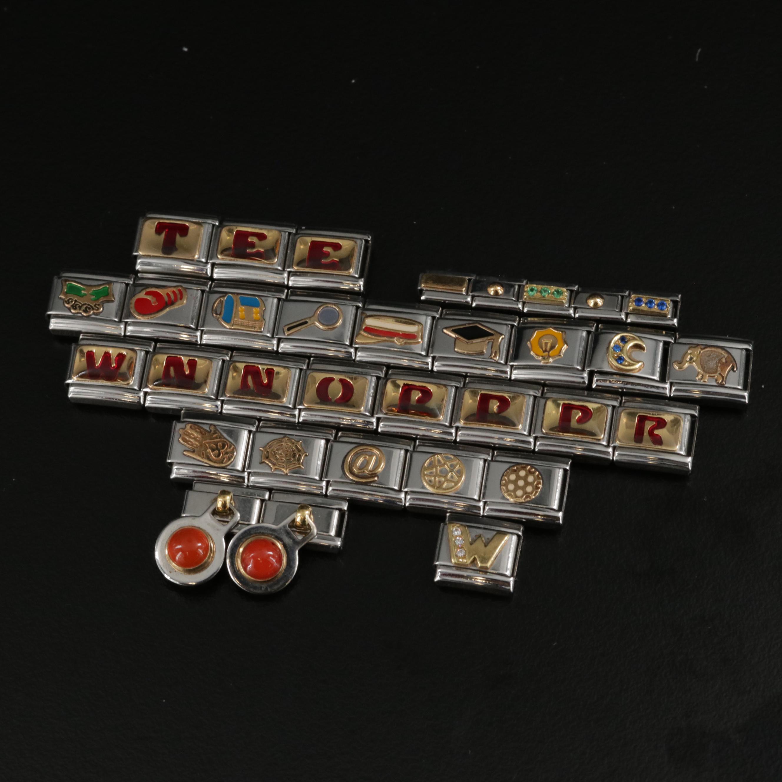 Assortment of Nomination Link Bracelets and Parts Featuring Gemstone Accents