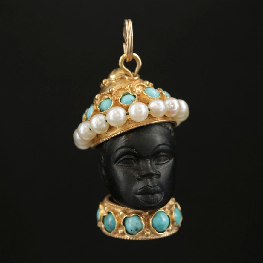 18K Gold Black Ebony, Turquoise and Pearl Blackamoor Motif Pendant