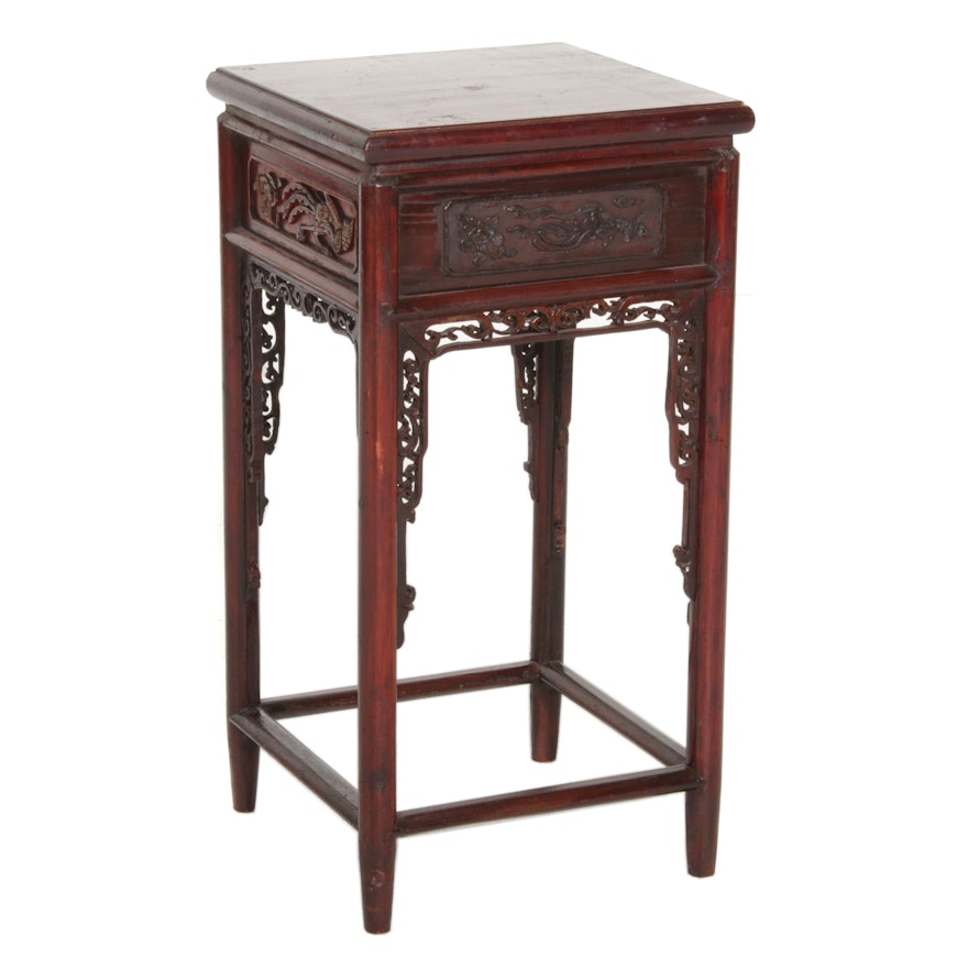 Chinese Carved Red Lacquered Wood Side Table, 20th Century