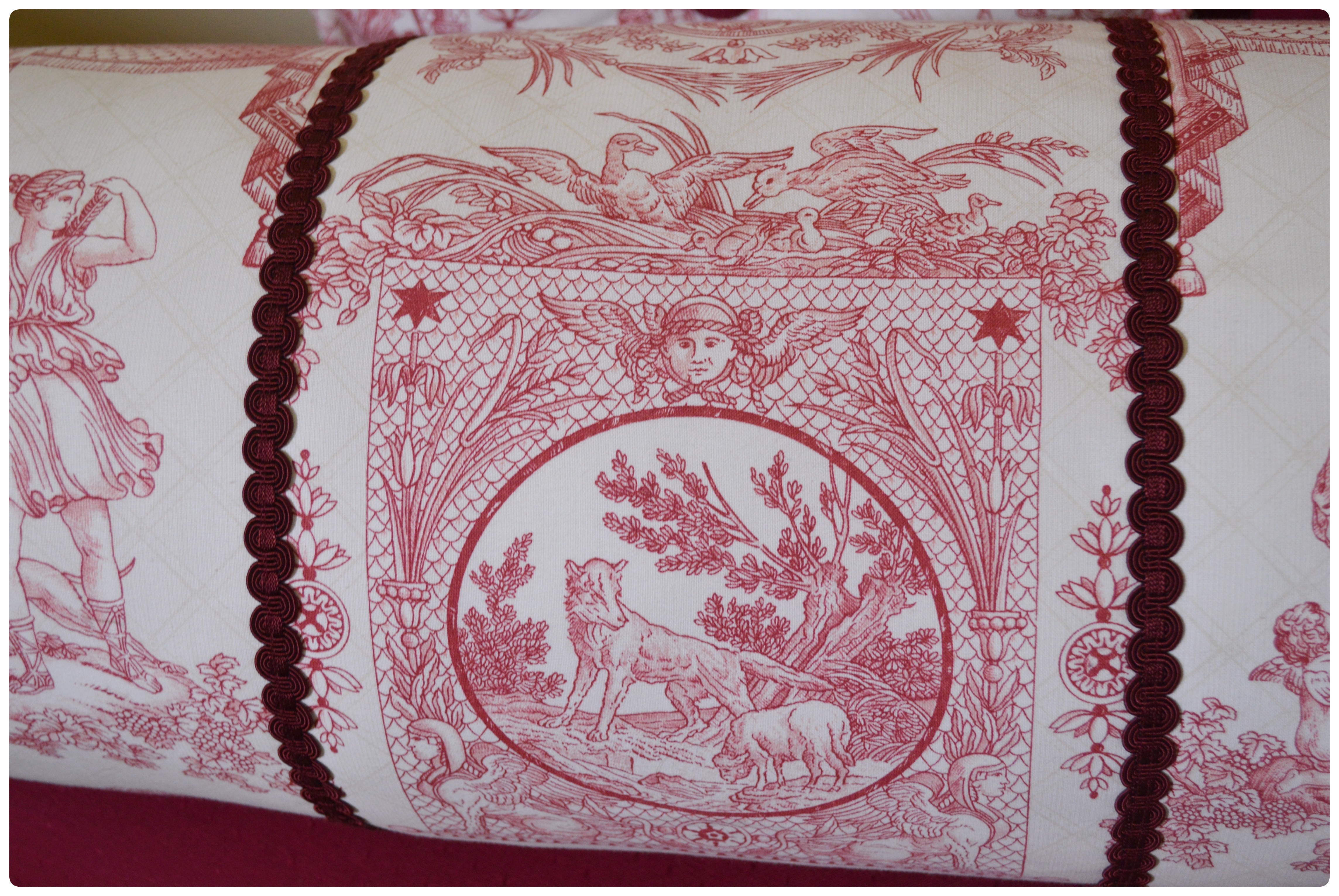 Skirted Accent Chair with Toile Bolster and Accent Pillow