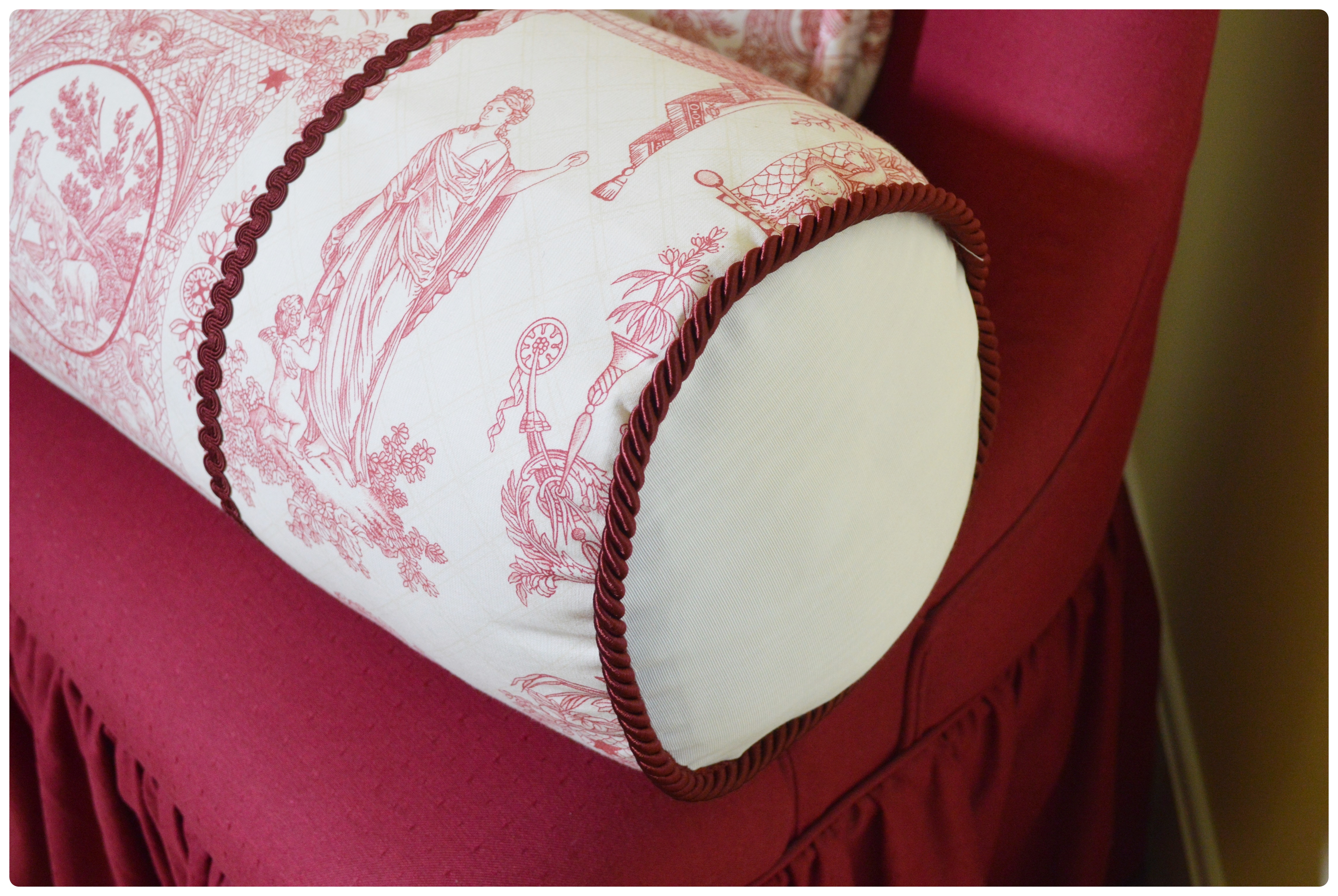 Skirted Accent Chair with Toile Bolster and Accent Pillow