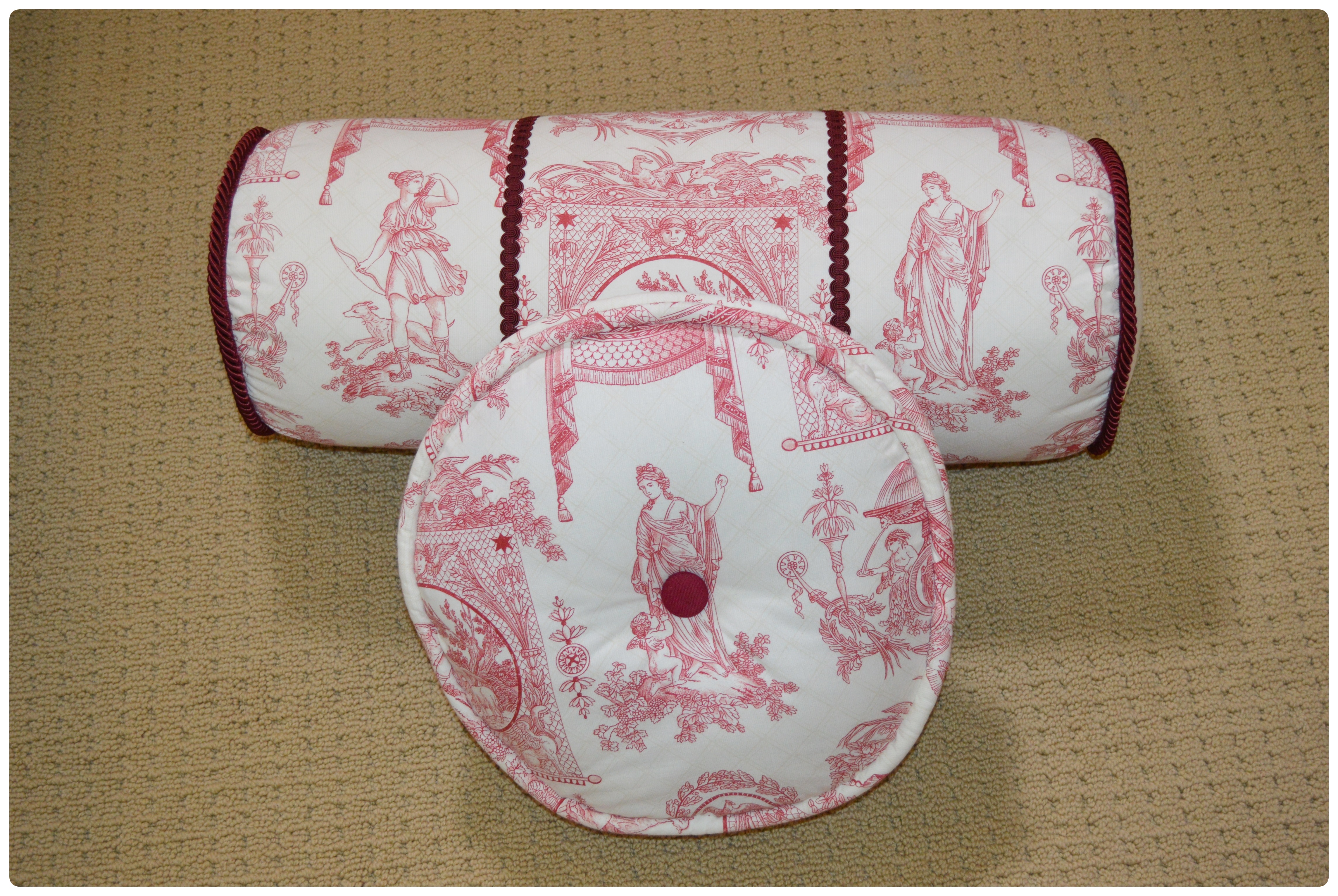 Skirted Accent Chair with Toile Bolster and Accent Pillow