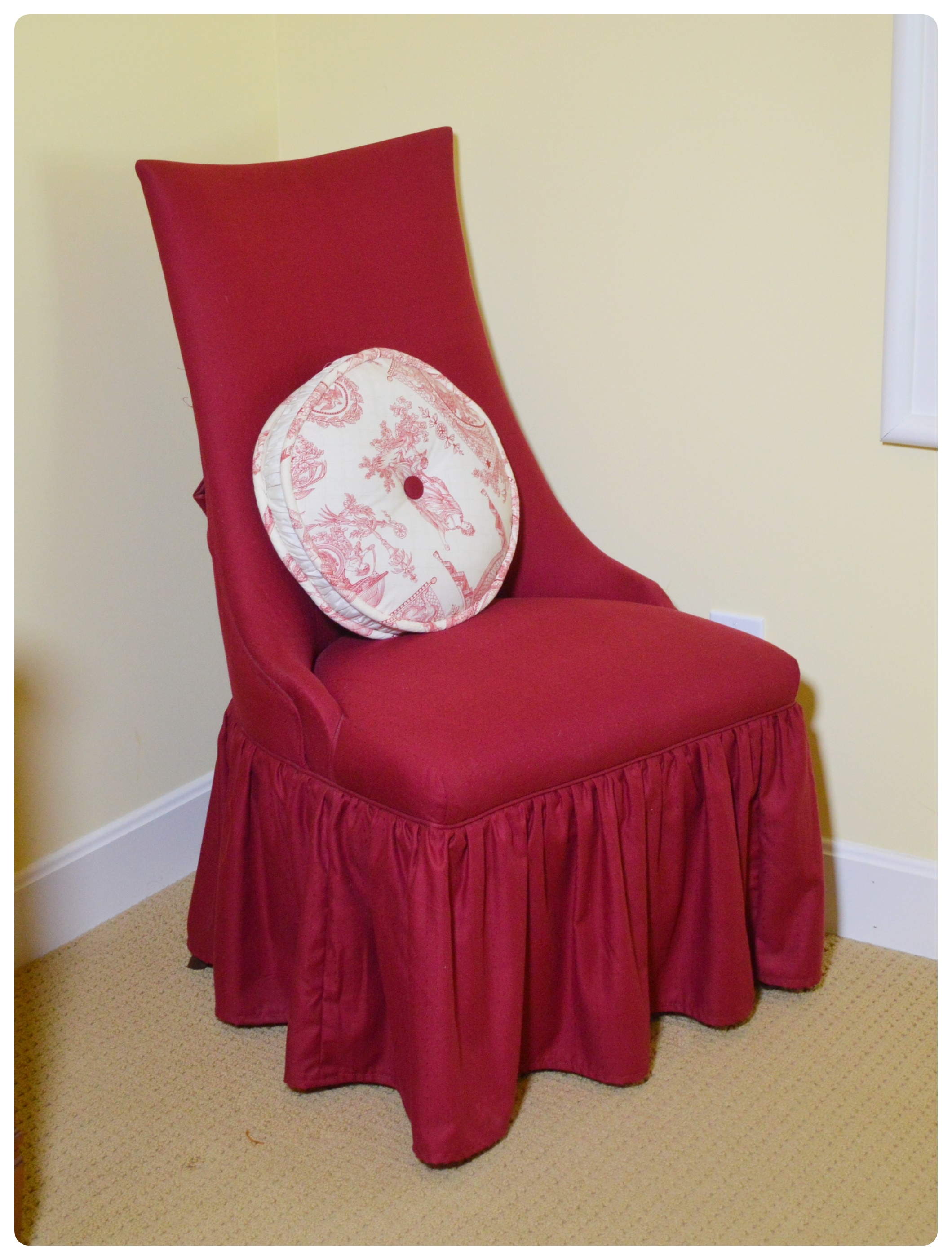 Skirted Accent Chair with Toile Bolster and Accent Pillow