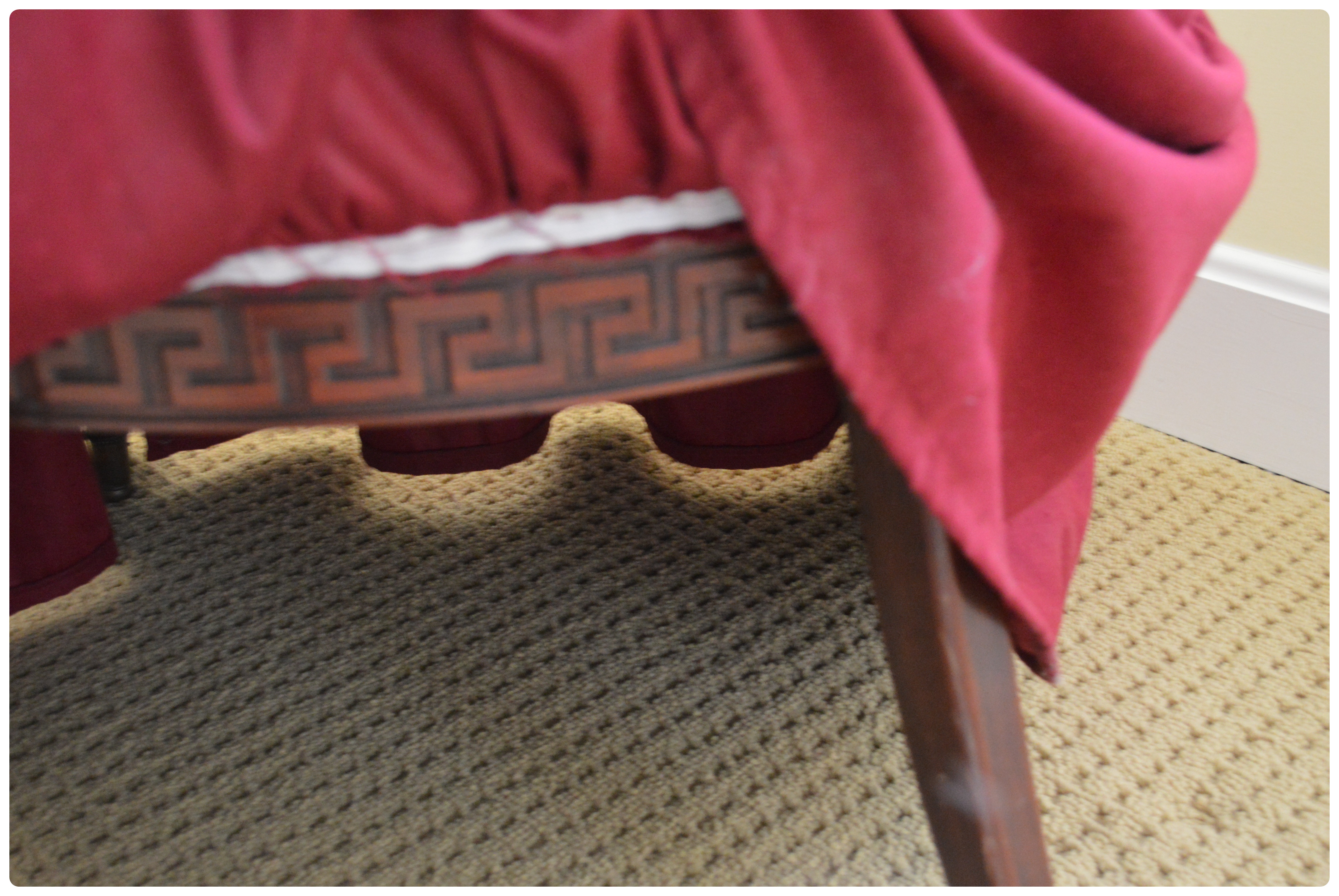 Skirted Accent Chair with Toile Bolster and Accent Pillow